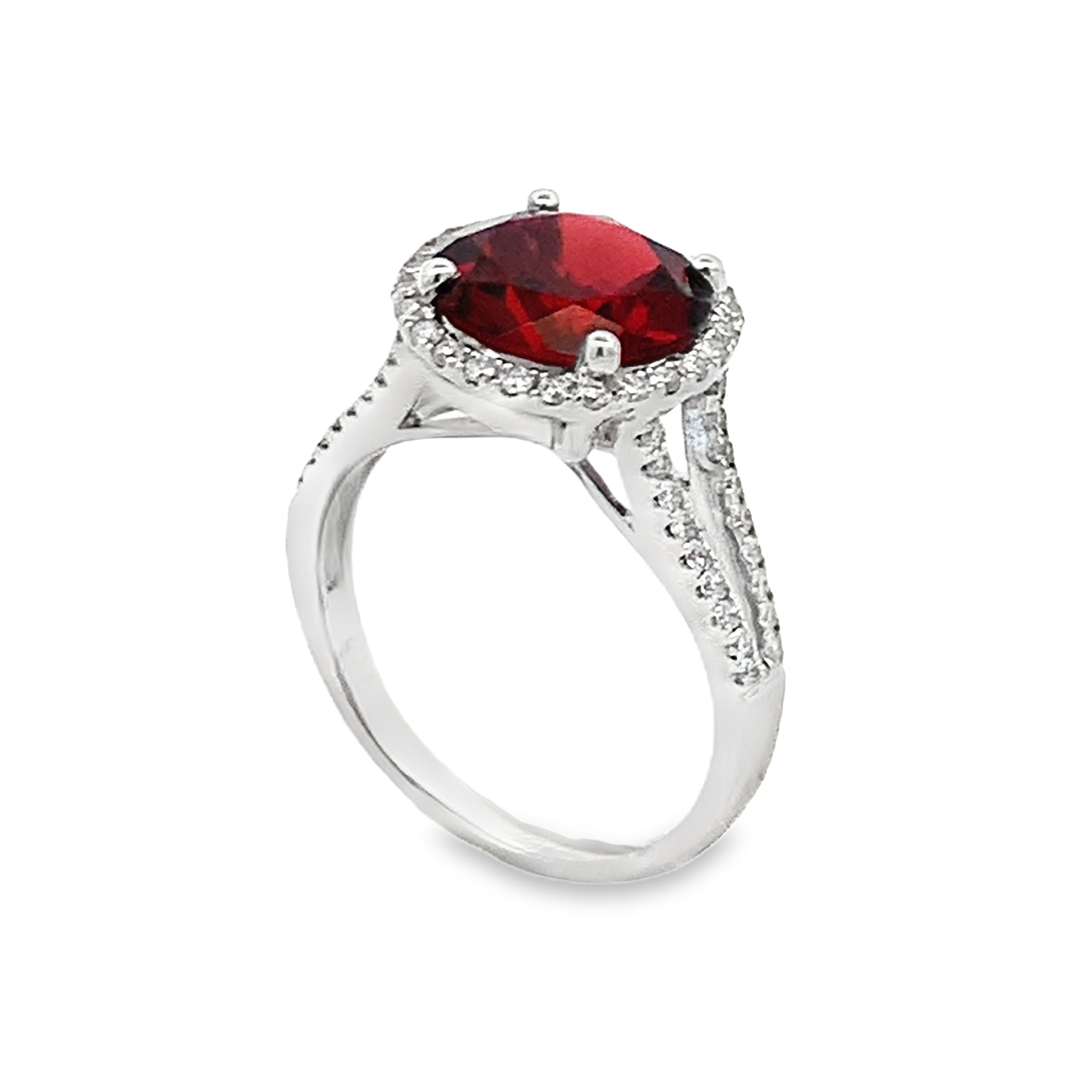 14K White Gold Garnet and Diamond Halo and Split Shank Ring