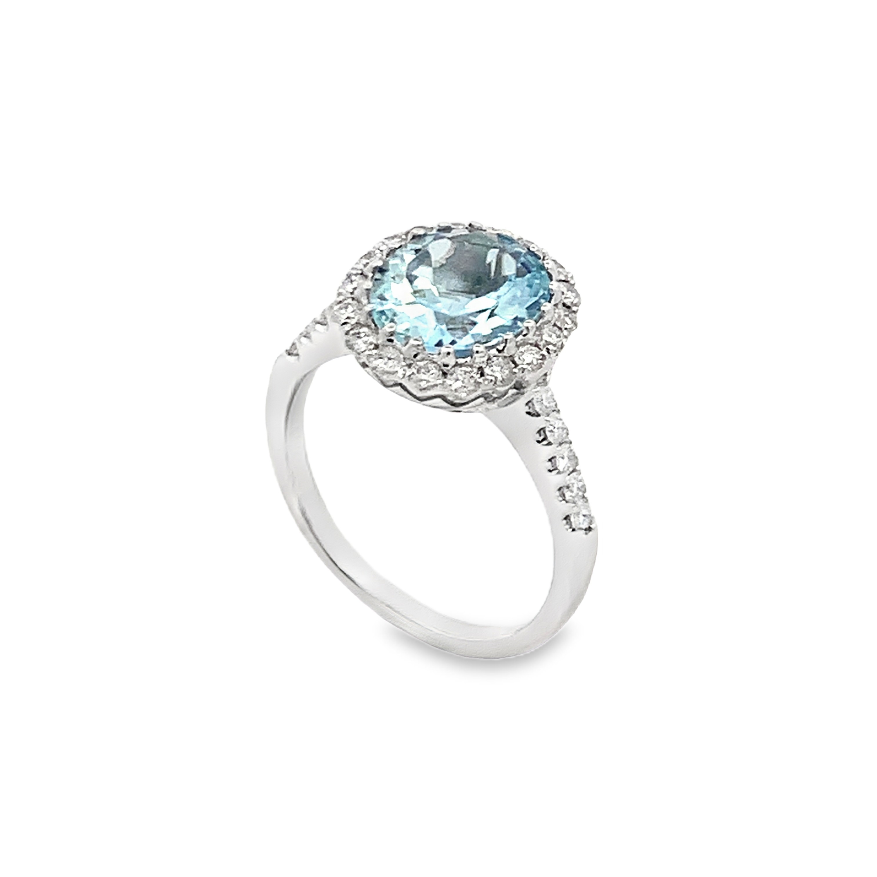 14K White Gold Oval Aquamarine and Diamond Halo Ring