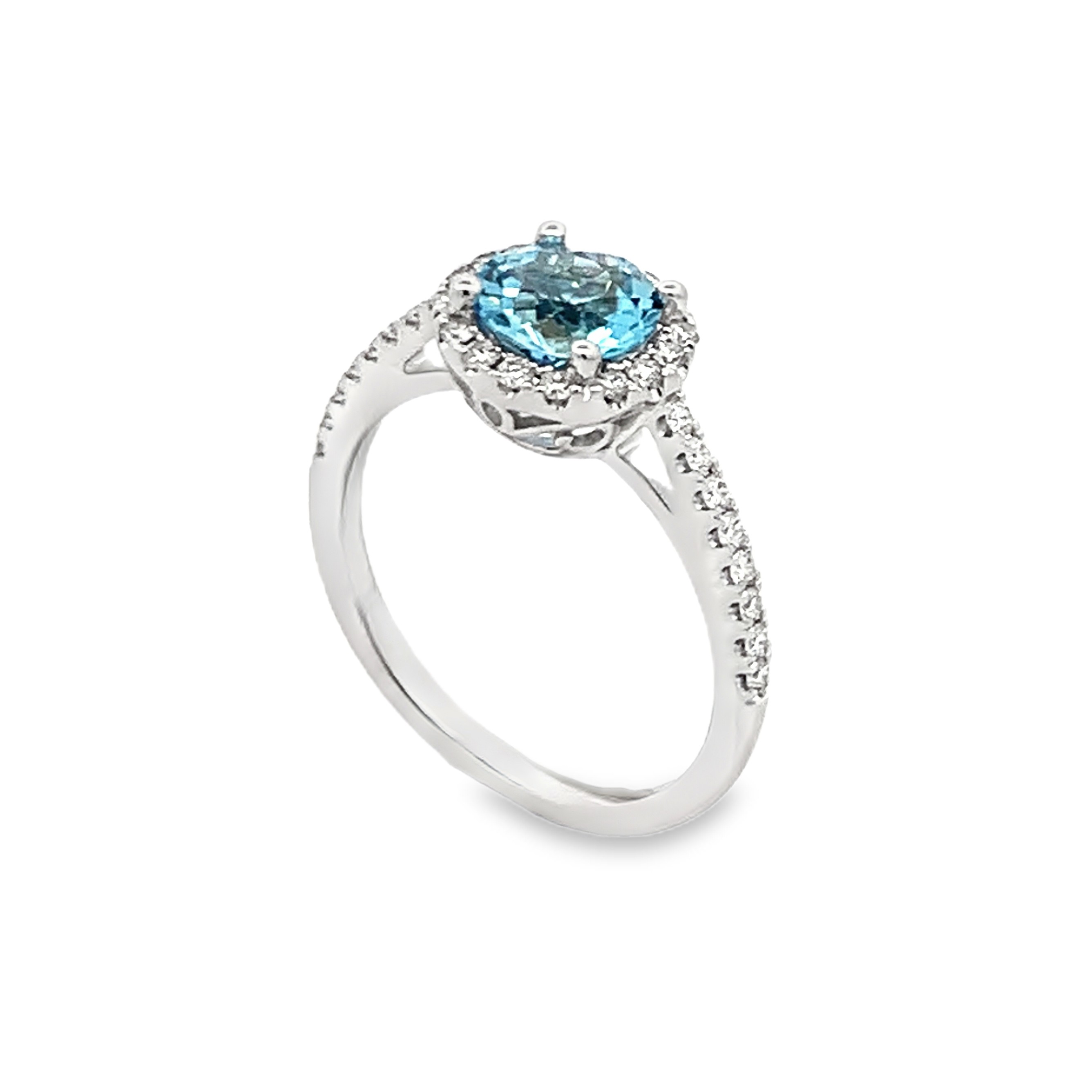 14K White Gold Aquamarine and Diamond Halo Ring