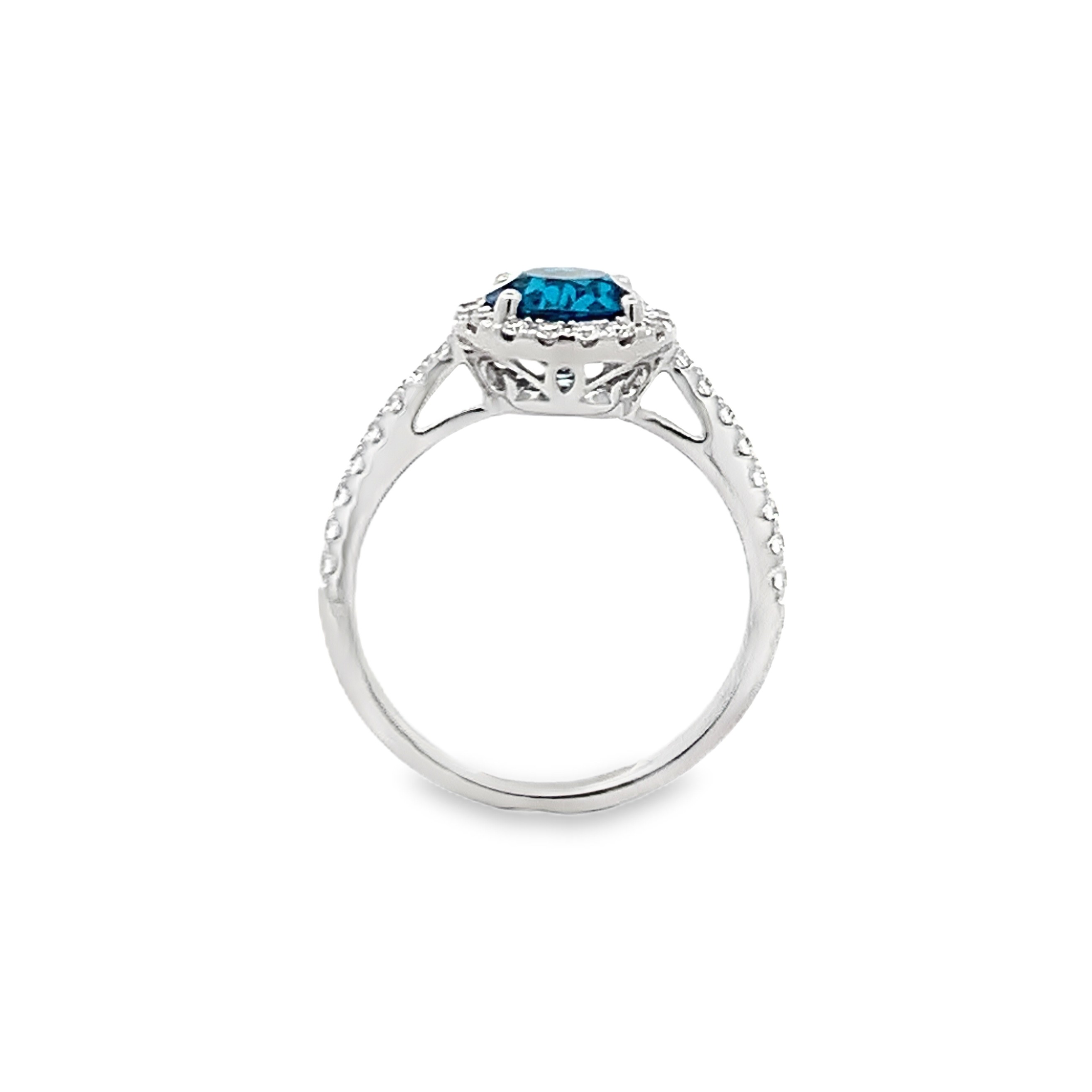 14K White Gold London Blue Topaz and Diamond Halo Ring
