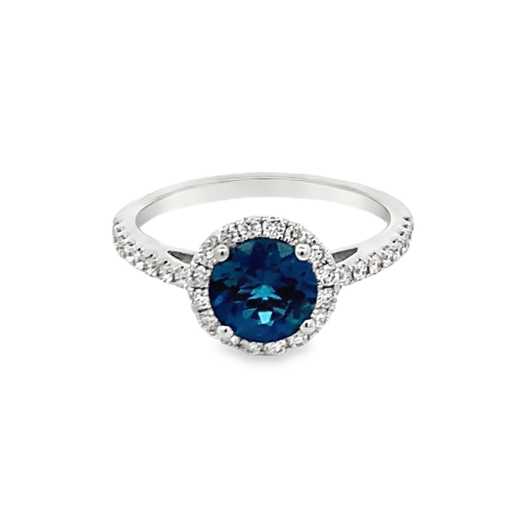 14K White Gold London Blue Topaz and Diamond Halo Ring
