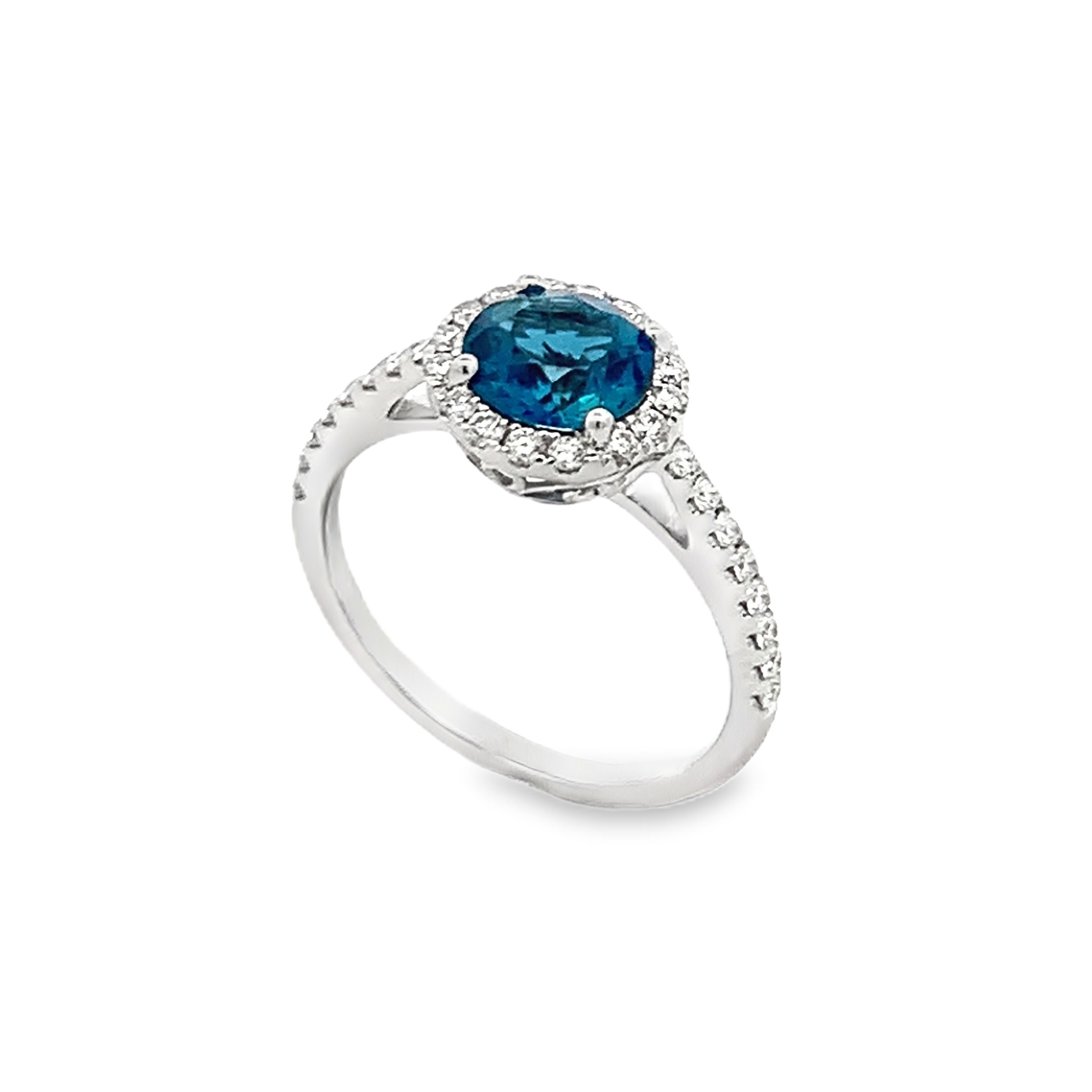 14K White Gold London Blue Topaz and Diamond Halo Ring