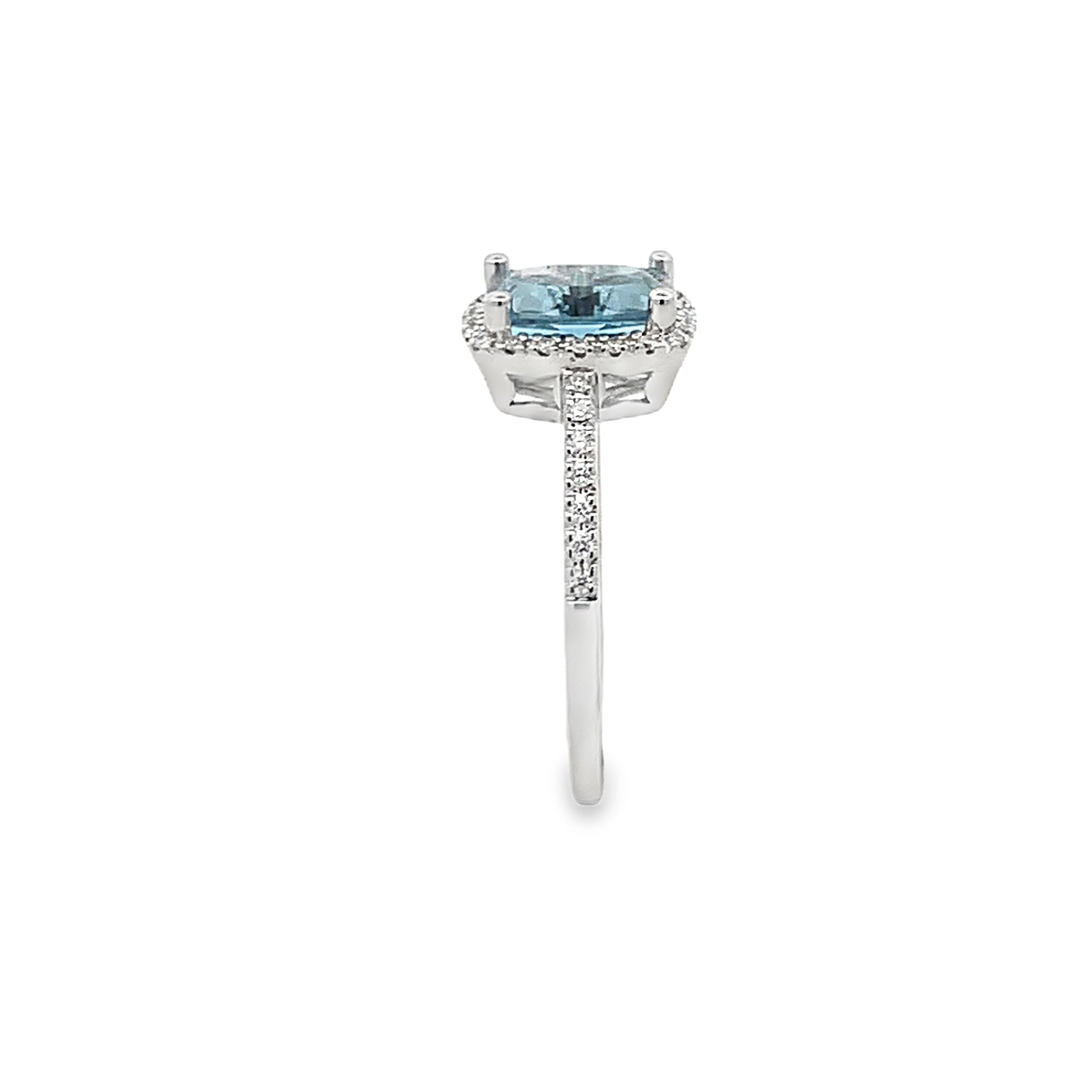 14K White Gold Rectangular Aquamarine and Diamond Halo Ring