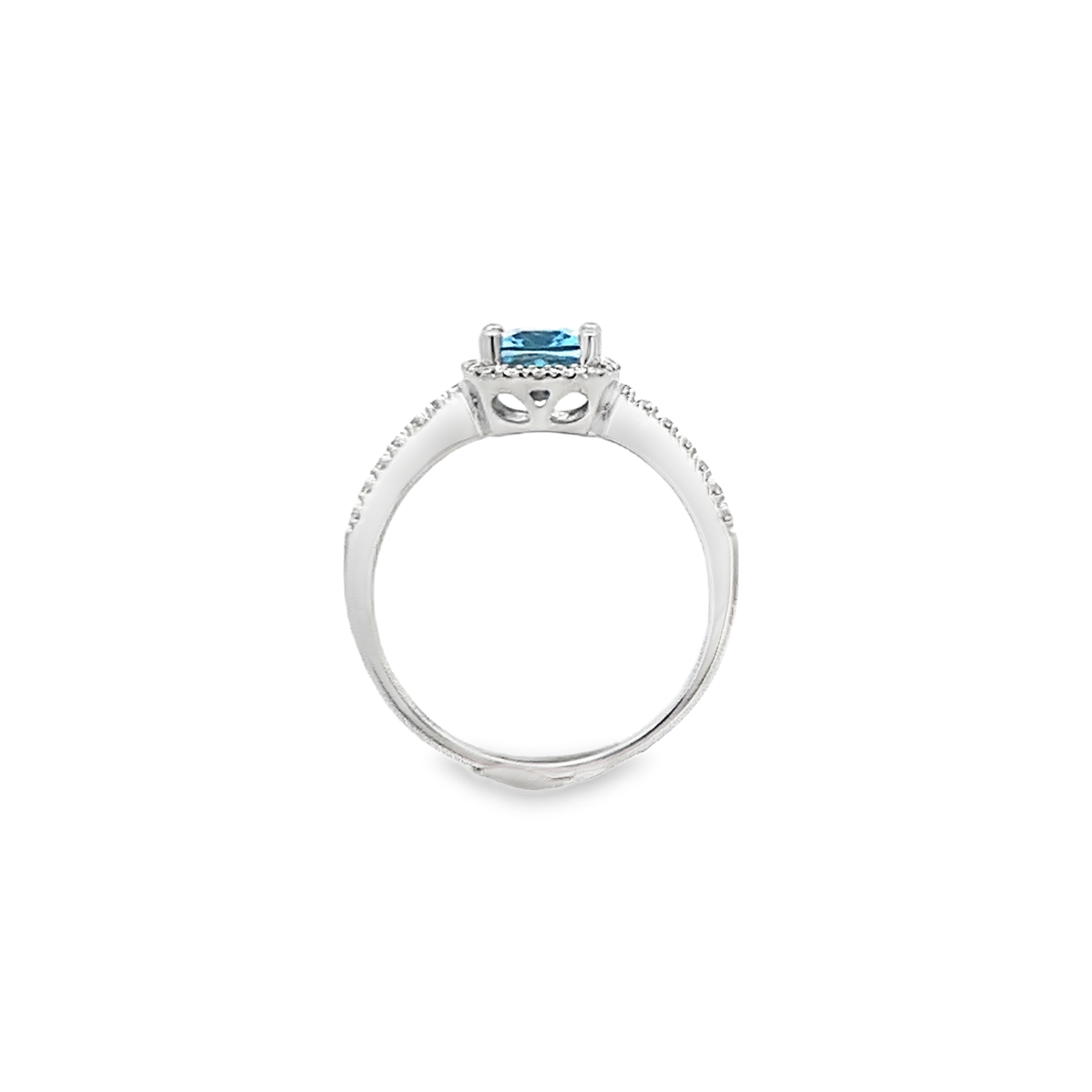 14K White Gold Rectangular Aquamarine and Diamond Halo Ring
