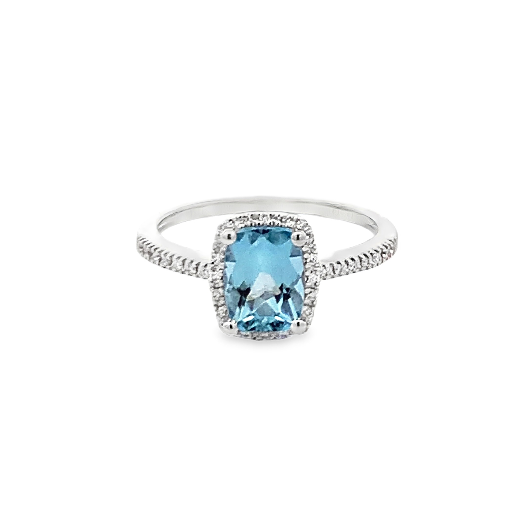 14K White Gold Rectangular Aquamarine and Diamond Halo Ring