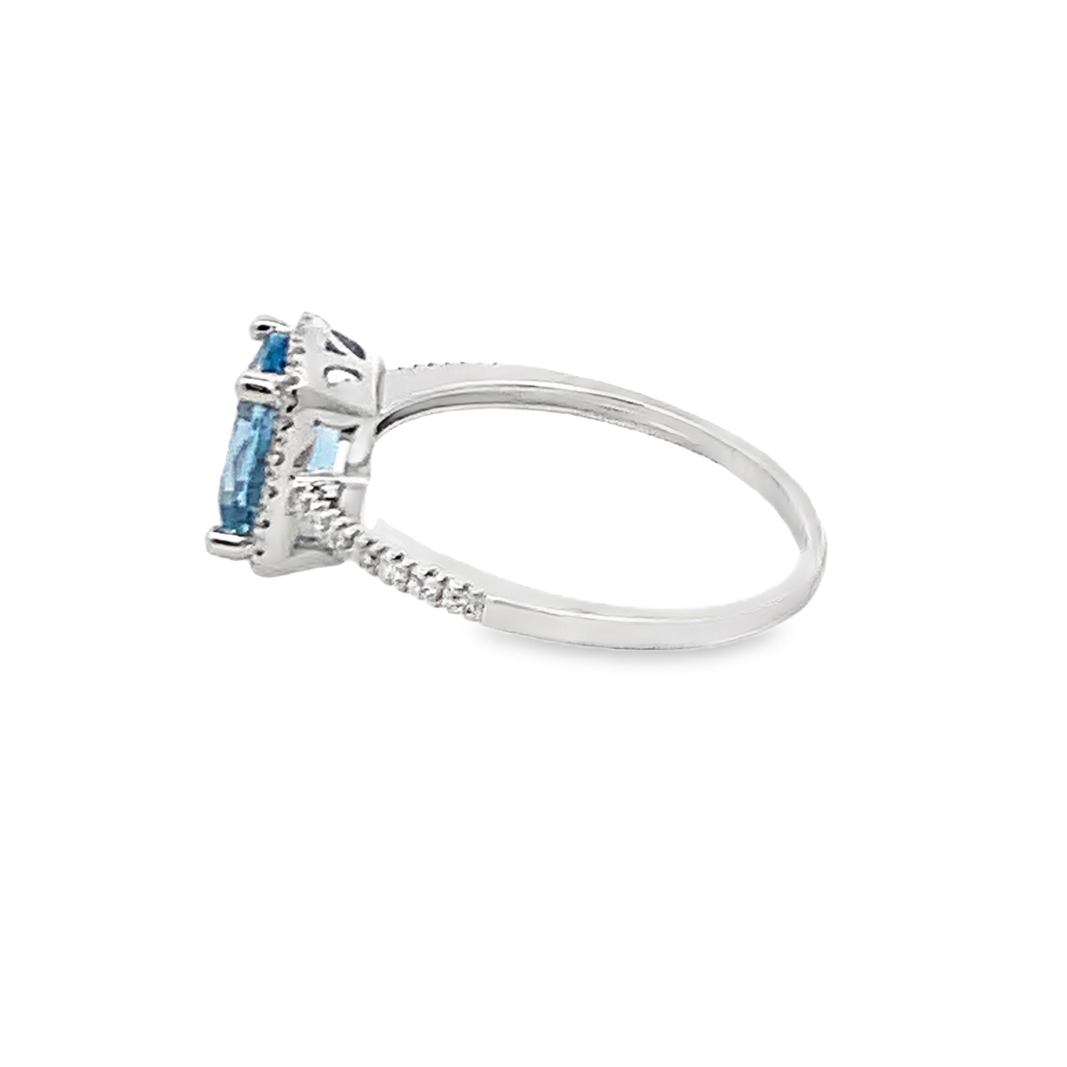 14K White Gold Rectangular Aquamarine and Diamond Halo Ring