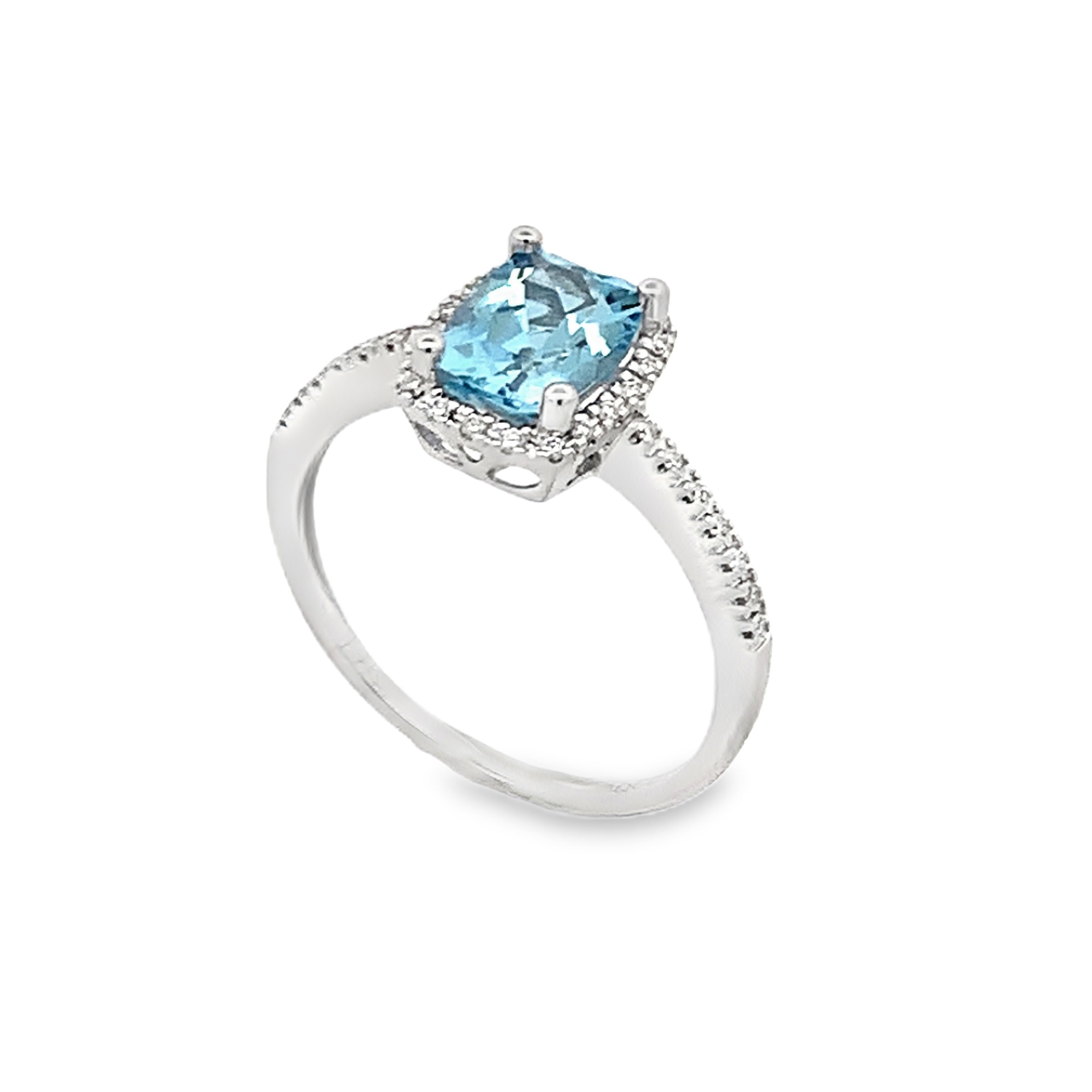 14K White Gold Rectangular Aquamarine and Diamond Halo Ring