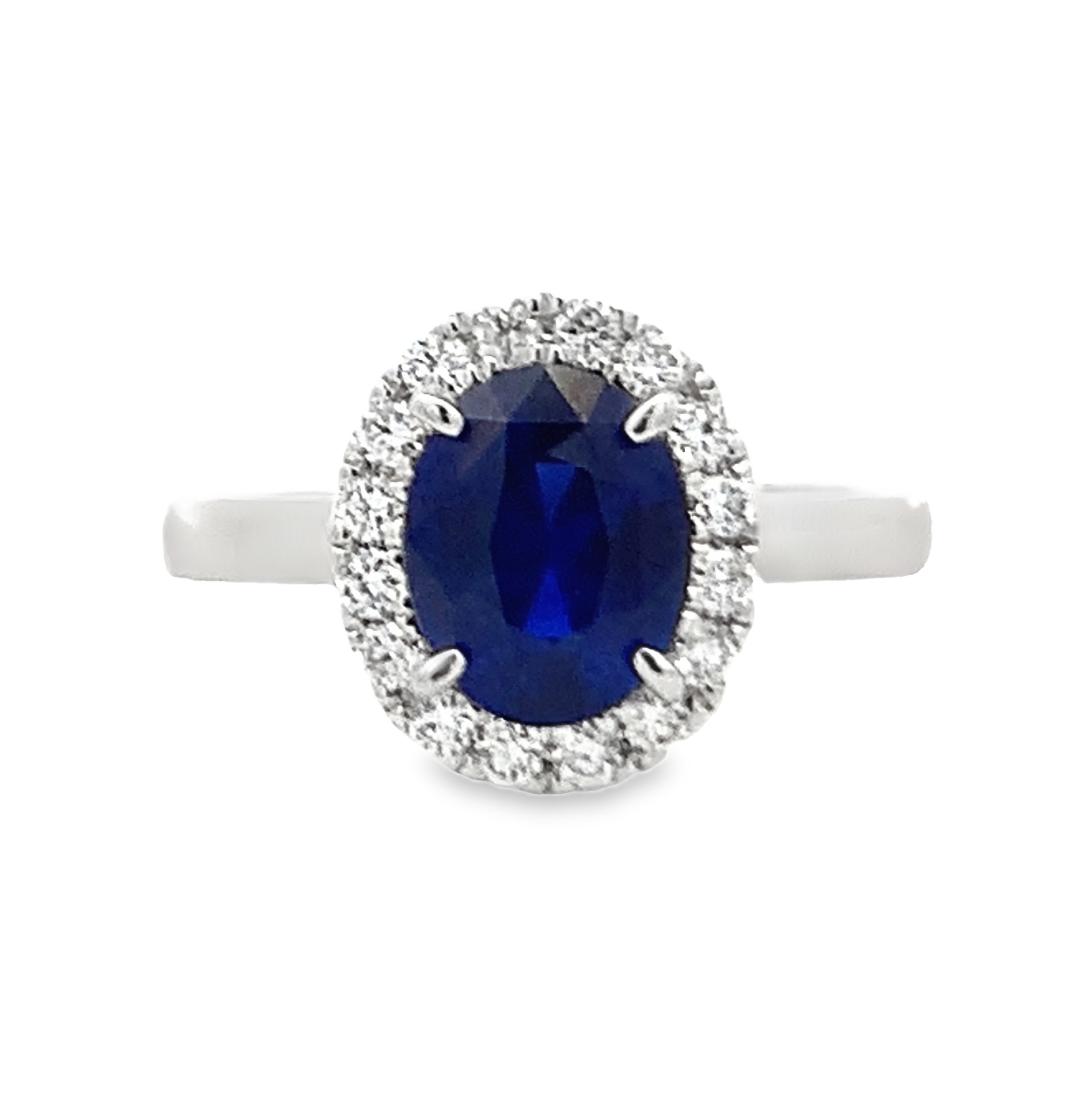 18K White Gold Sapphire Diamond Ring Size 6.5 with 1 Oval Cut Sapphire 2.05 CTW and 16 Round Cut Diamonds 0.30 CTW F-G VS
