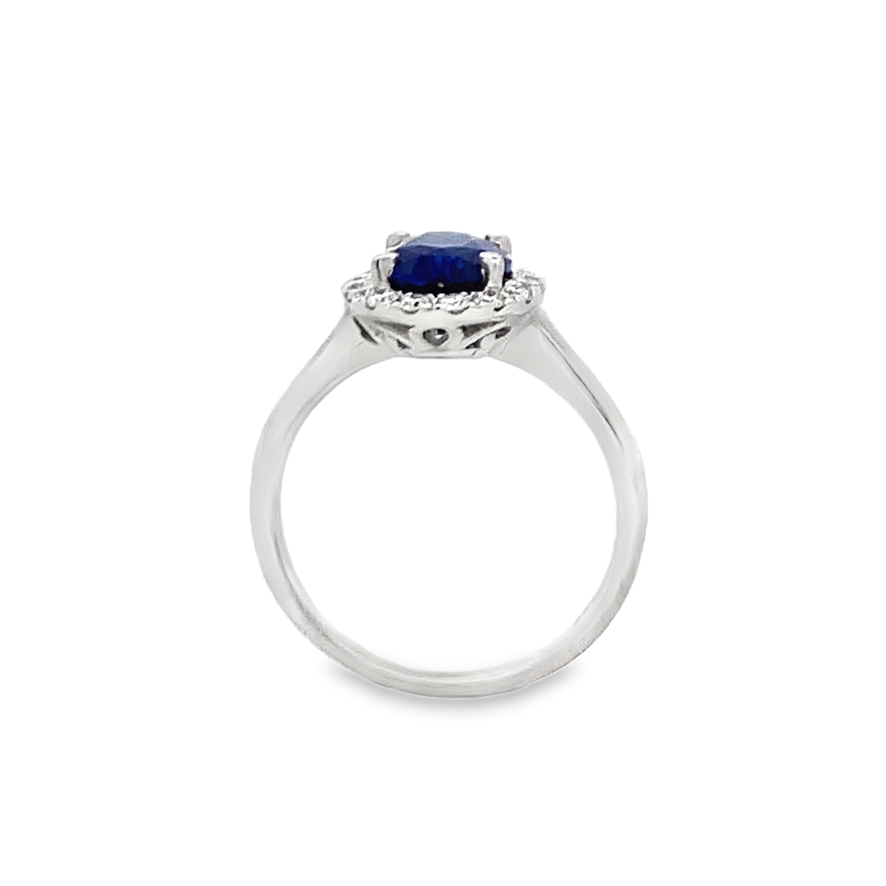 18K White Gold Sapphire Diamond Ring Size 6.5 with 1 Oval Cut Sapphire 2.05 CTW and 16 Round Cut Diamonds 0.30 CTW F-G VS