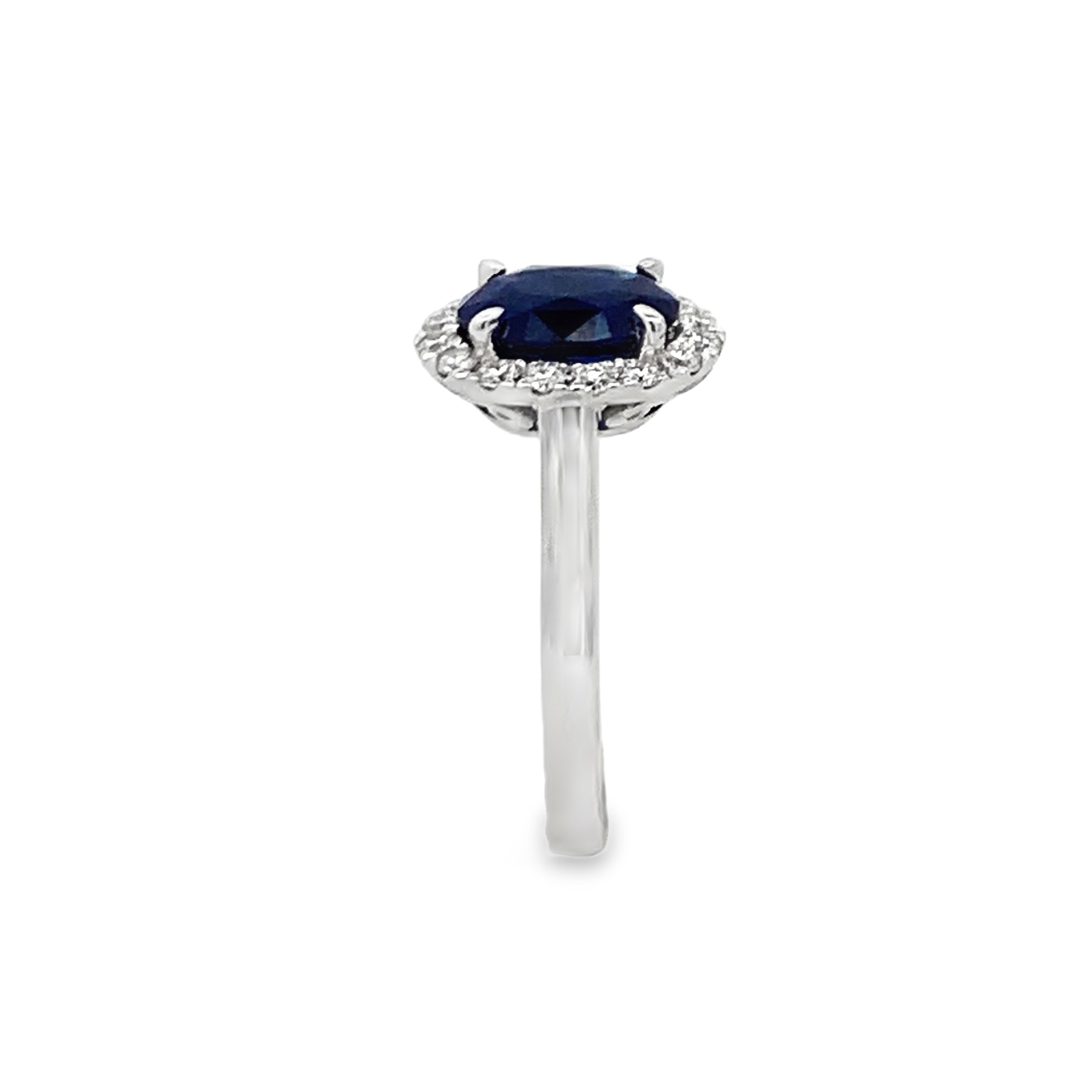 18K White Gold Sapphire Diamond Ring Size 6.5 with 1 Oval Cut Sapphire 2.05 CTW and 16 Round Cut Diamonds 0.30 CTW F-G VS