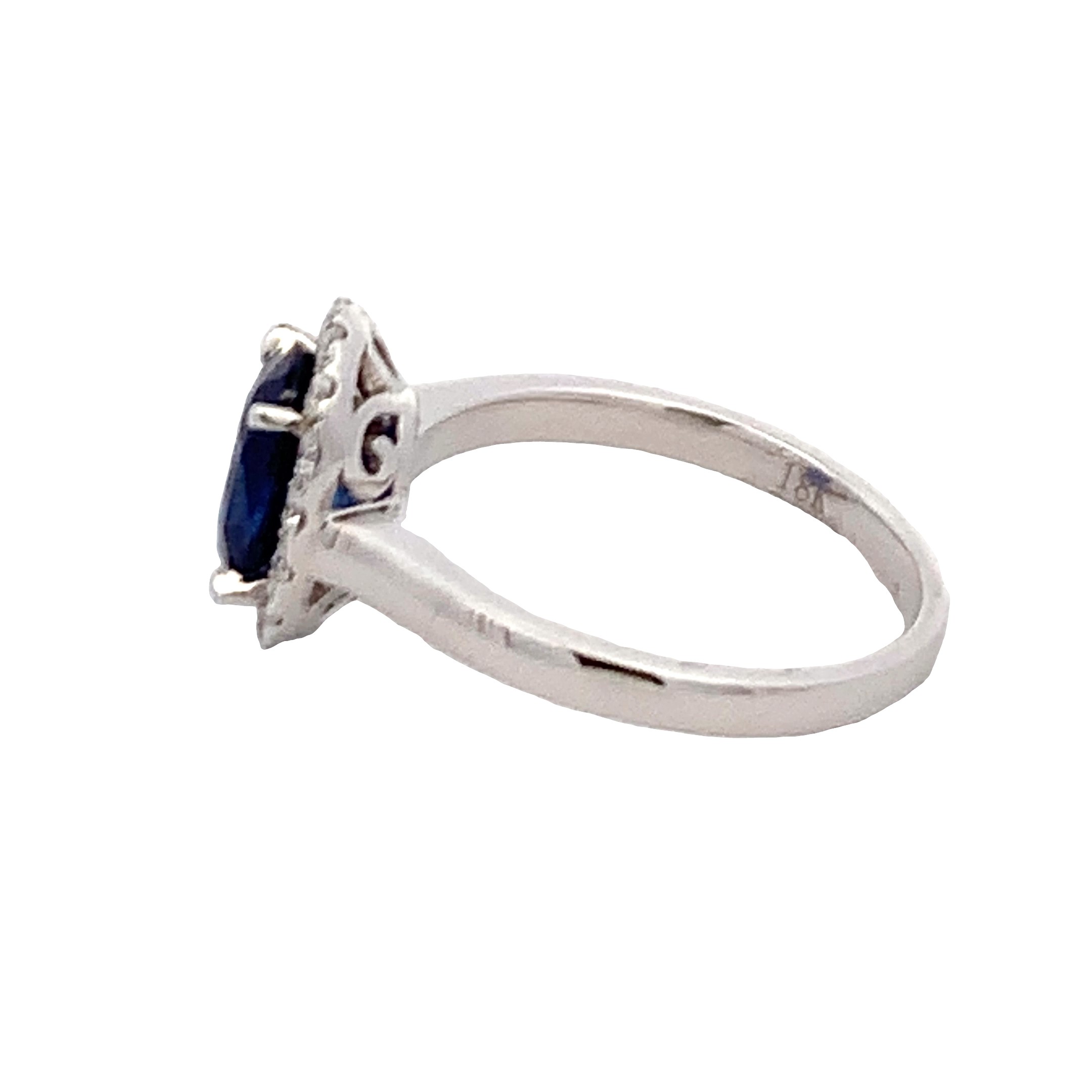 18K White Gold Sapphire Diamond Ring Size 6.5 with 1 Oval Cut Sapphire 2.05 CTW and 16 Round Cut Diamonds 0.30 CTW F-G VS