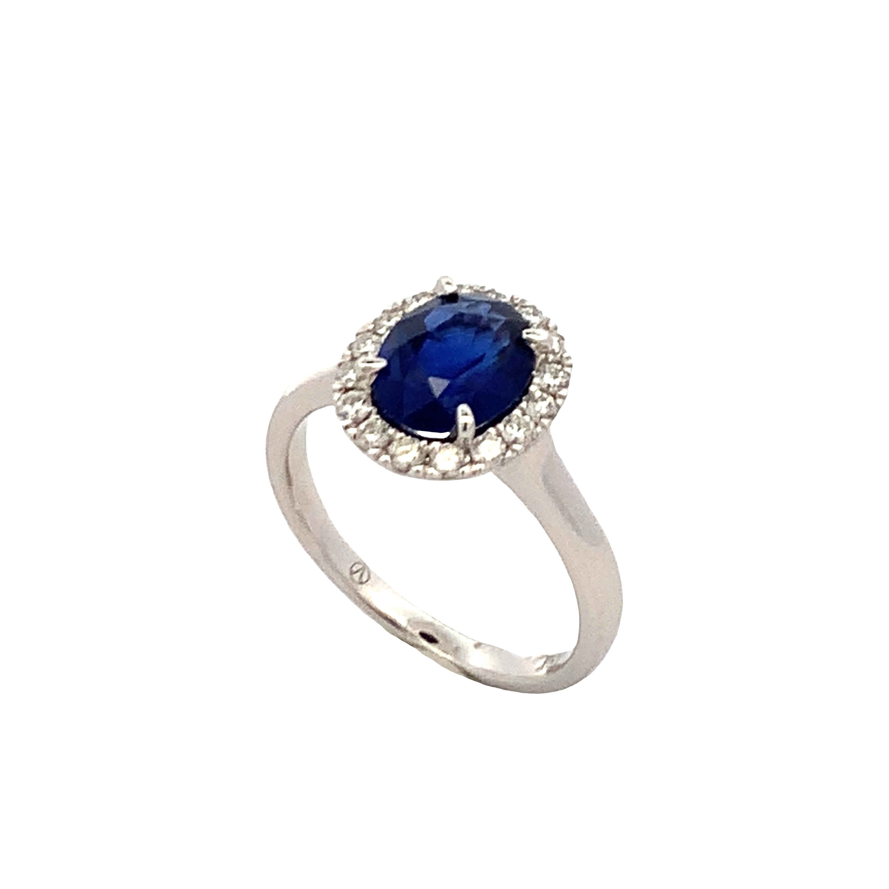 18K White Gold Sapphire Diamond Ring Size 6.5 with 1 Oval Cut Sapphire 2.05 CTW and 16 Round Cut Diamonds 0.30 CTW F-G VS