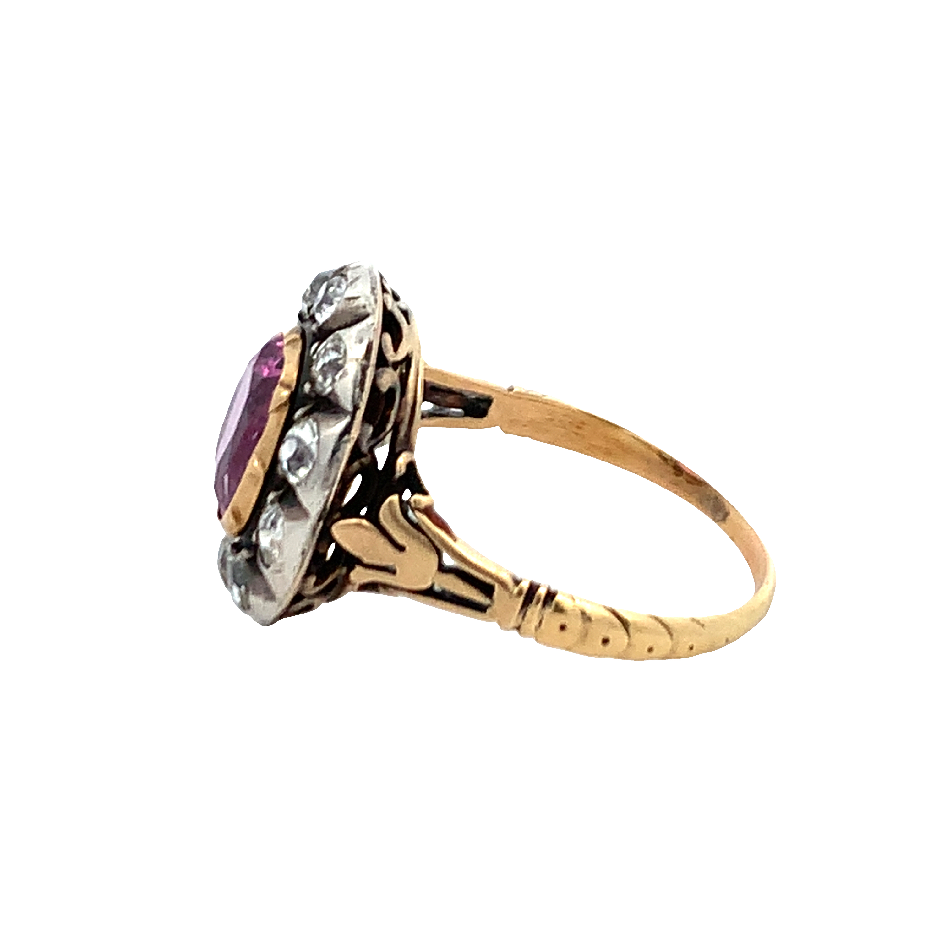 Antique Georgian Silver on 14K Yellow Gold Pink Sapphire and Diamond Cluster Ring with 1 Oval Cut Pink Sapphire 3.05 CTW GIA#5231444262 No Heat and 10 Old Mine Cut Diamonds 1.00 CTW 
3.77dwt Size 9.5