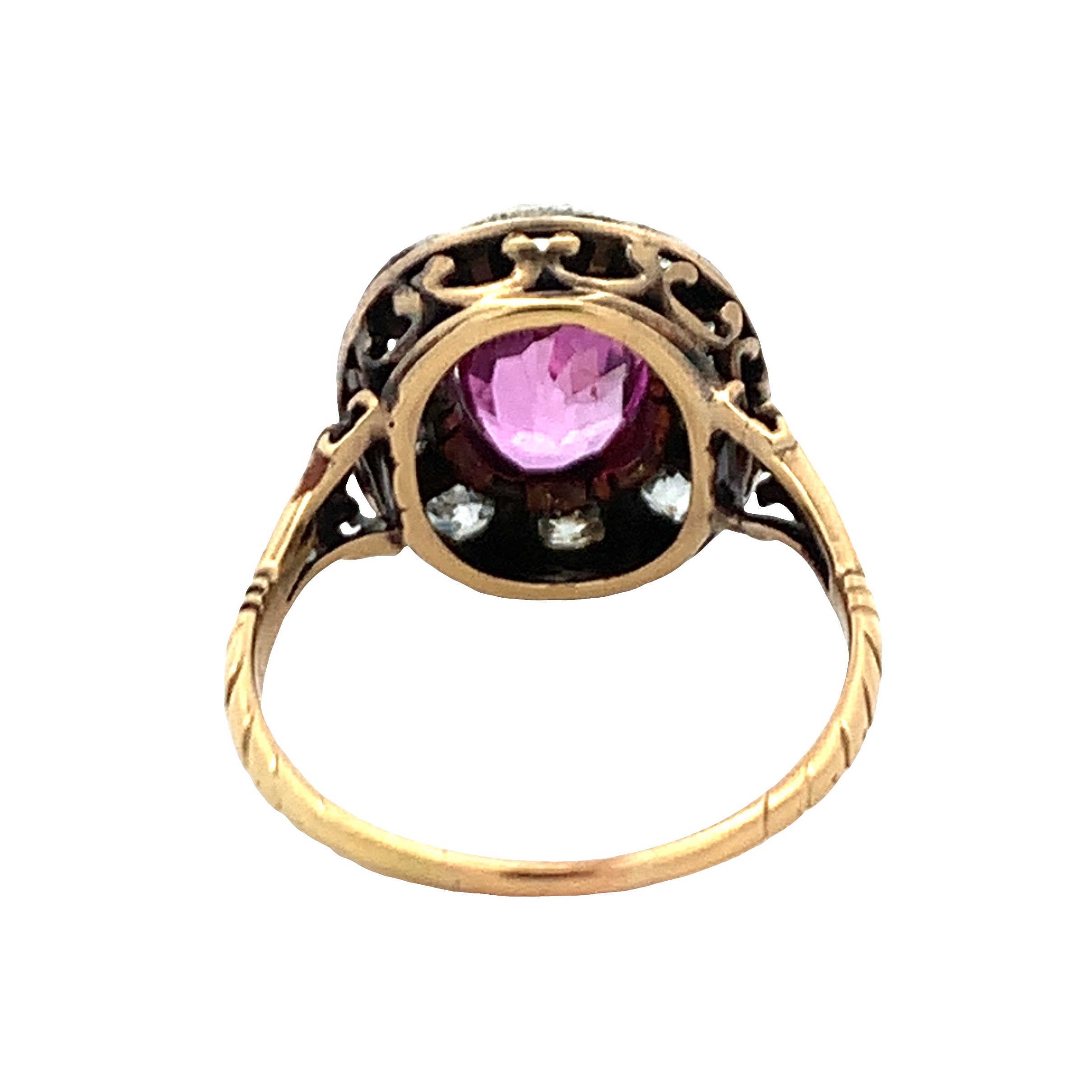 Antique Georgian Silver on 14K Yellow Gold Pink Sapphire and Diamond Cluster Ring with 1 Oval Cut Pink Sapphire 3.05 CTW GIA#5231444262 No Heat and 10 Old Mine Cut Diamonds 1.00 CTW 
3.77dwt Size 9.5