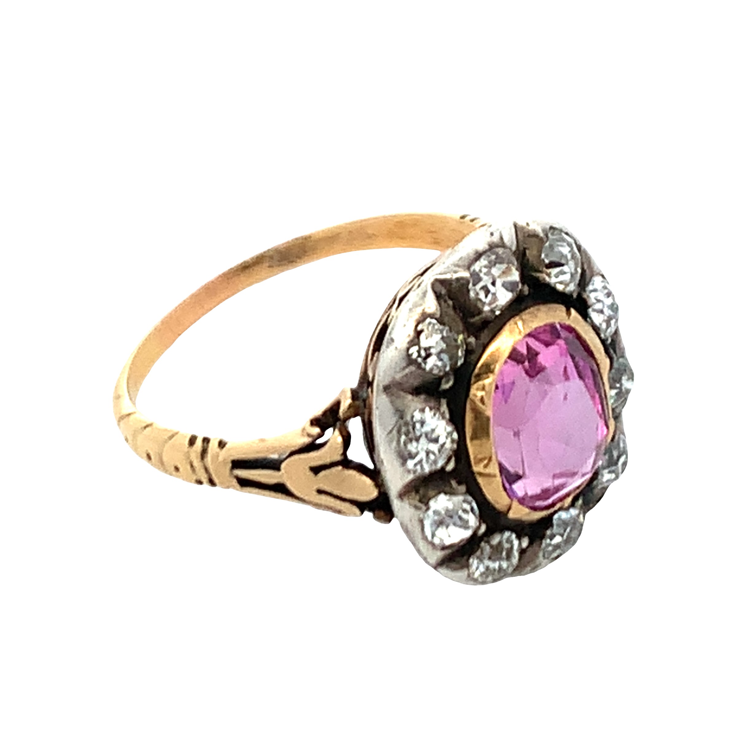 Antique Georgian Silver on 14K Yellow Gold Pink Sapphire and Diamond Cluster Ring with 1 Oval Cut Pink Sapphire 3.05 CTW GIA#5231444262 No Heat and 10 Old Mine Cut Diamonds 1.00 CTW 
3.77dwt Size 9.5