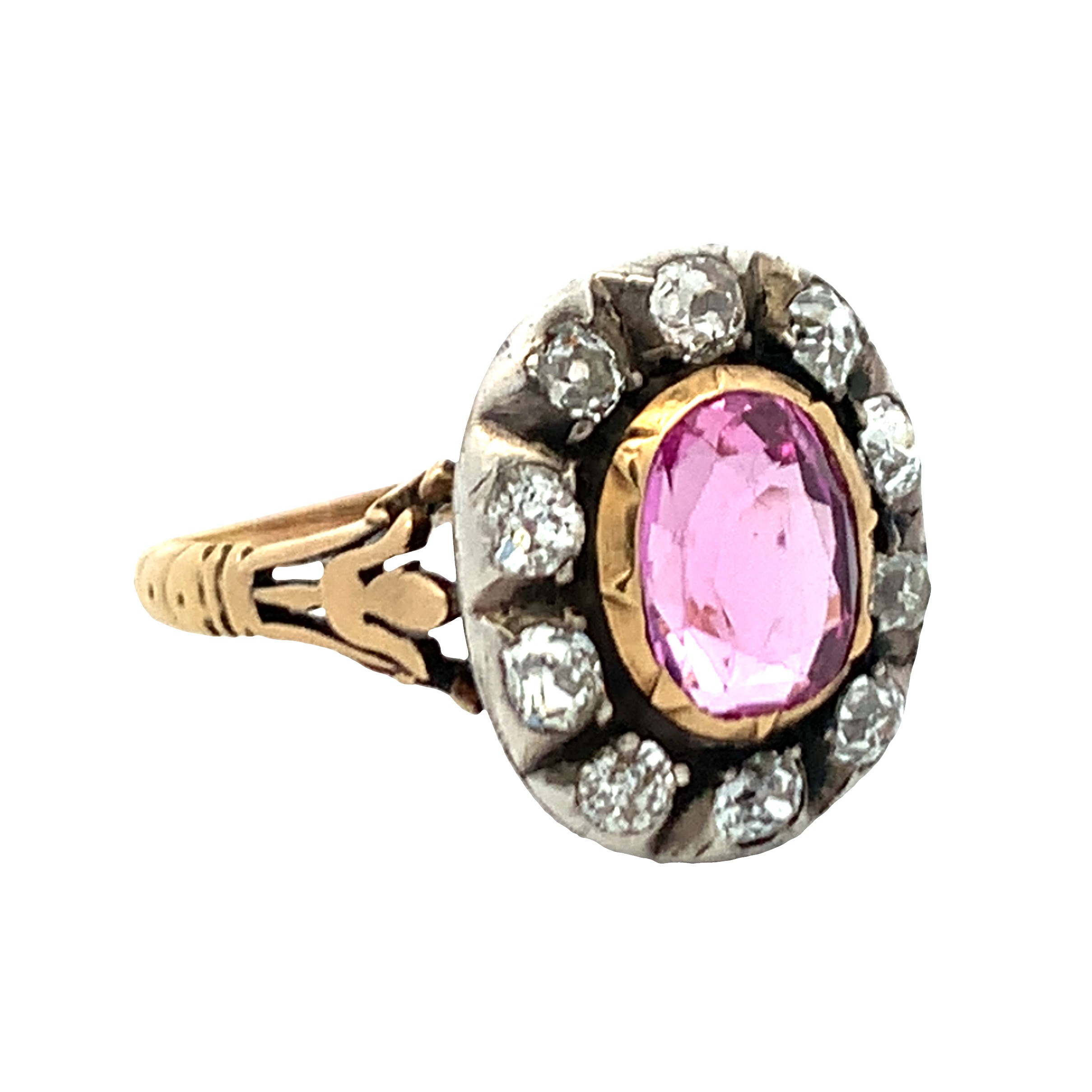 Antique Georgian Silver on 14K Yellow Gold Pink Sapphire and Diamond Cluster Ring with 1 Oval Cut Pink Sapphire 3.05 CTW GIA#5231444262 No Heat and 10 Old Mine Cut Diamonds 1.00 CTW 
3.77dwt Size 9.5