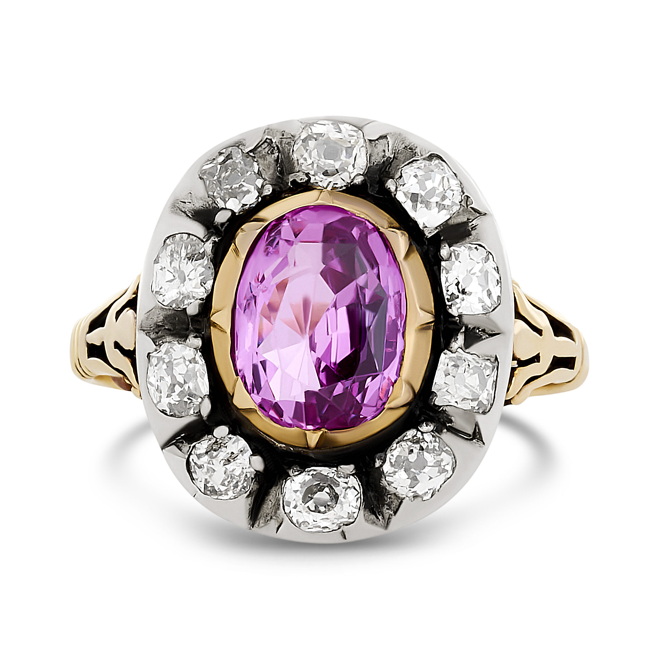 Antique Georgian Silver on 14K Yellow Gold Pink Sapphire and Diamond Cluster Ring with 1 Oval Cut Pink Sapphire 3.05 CTW GIA#5231444262 No Heat and 10 Old Mine Cut Diamonds 1.00 CTW 
3.77dwt Size 9.5