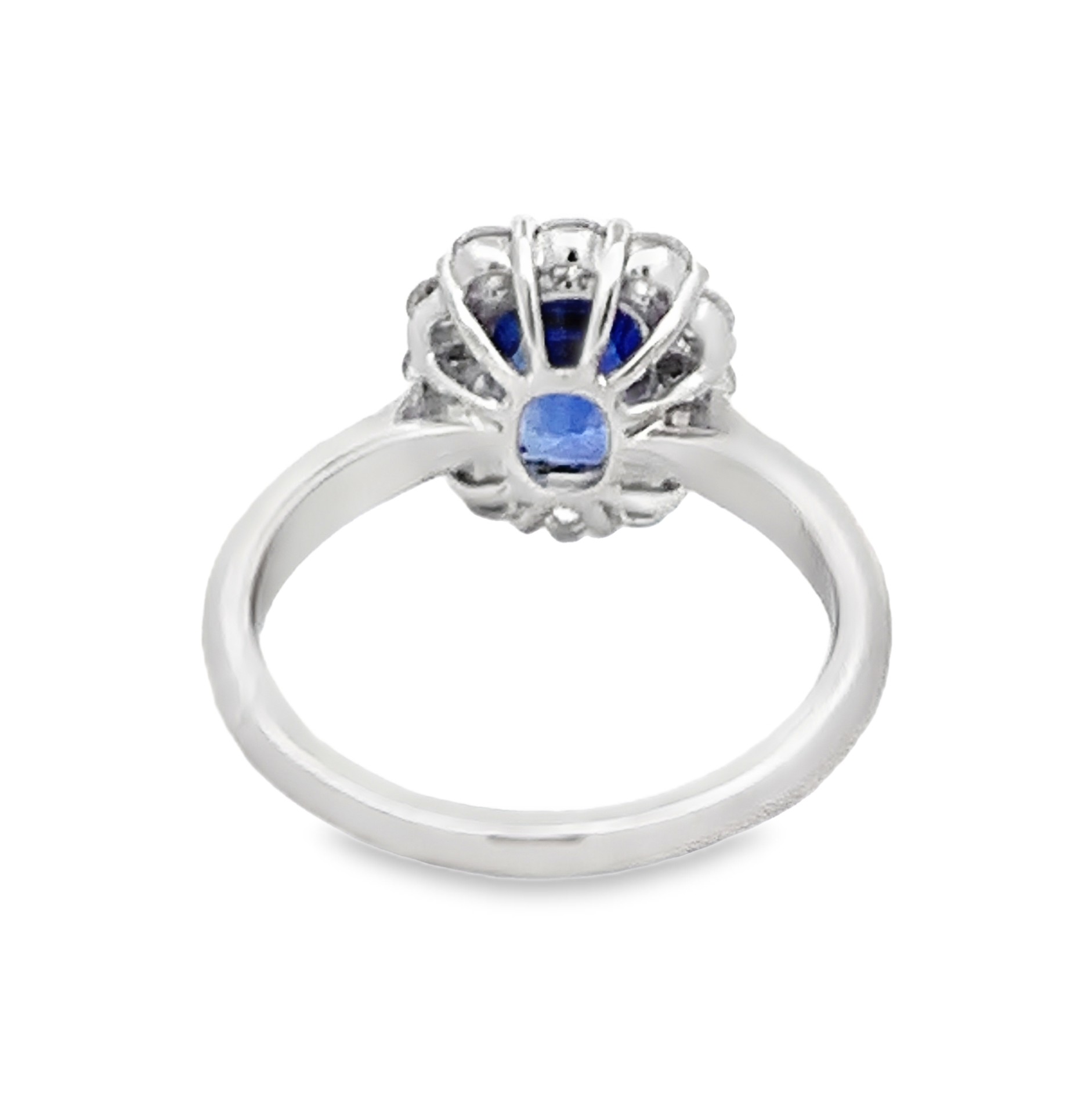 18K White Gold Sapphire and Diamond Halo Ring Size 6.25 with 1 Cushion Sapphire 2.70 CTW and 12 Round Cut Diamonds 0.56 CTW F-G VS