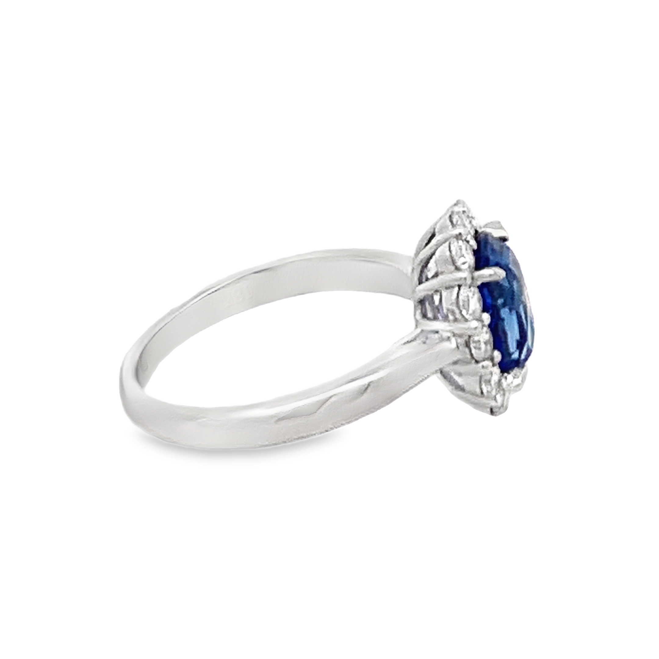 18K White Gold Sapphire and Diamond Halo Ring Size 6.25 with 1 Cushion Sapphire 2.70 CTW and 12 Round Cut Diamonds 0.56 CTW F-G VS