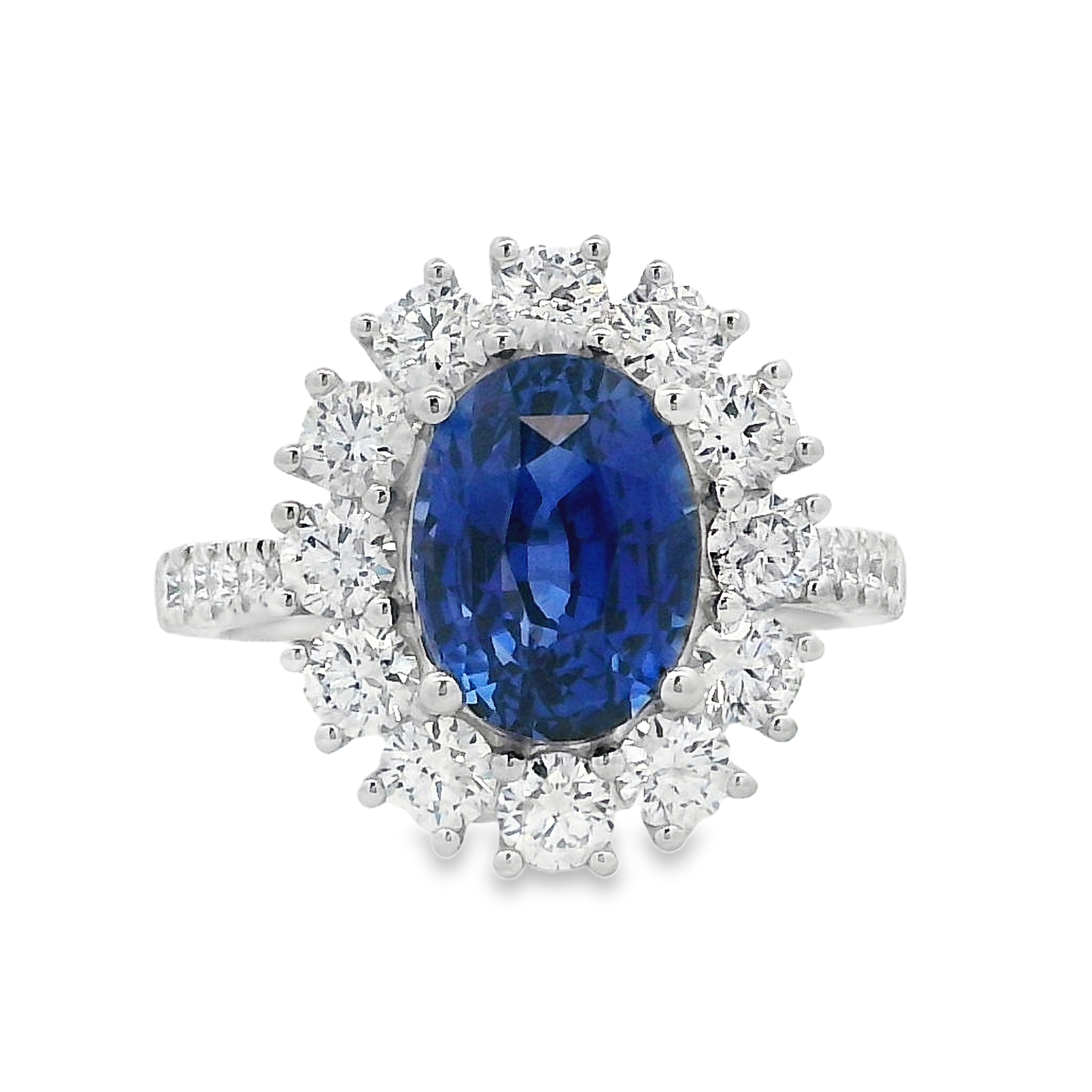Quality Color Design Platinum Sapphire and Diamond Halo Ring Size 7 with 1 Oval Sapphire 4.23 CTW and 24 Round Diamonds 1.40 CTW G-H VS1-VS2