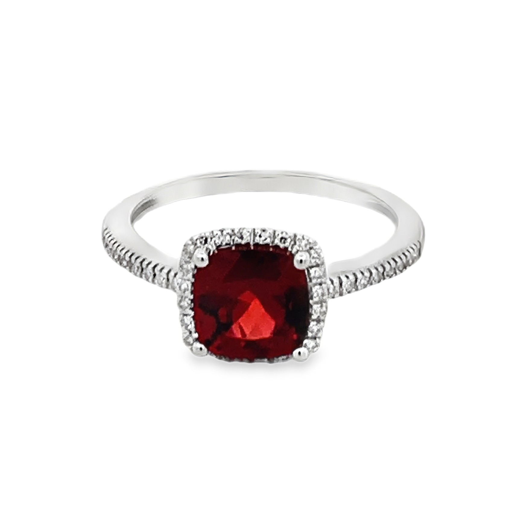14K White Gold Garnet and Diamond Halo Ring