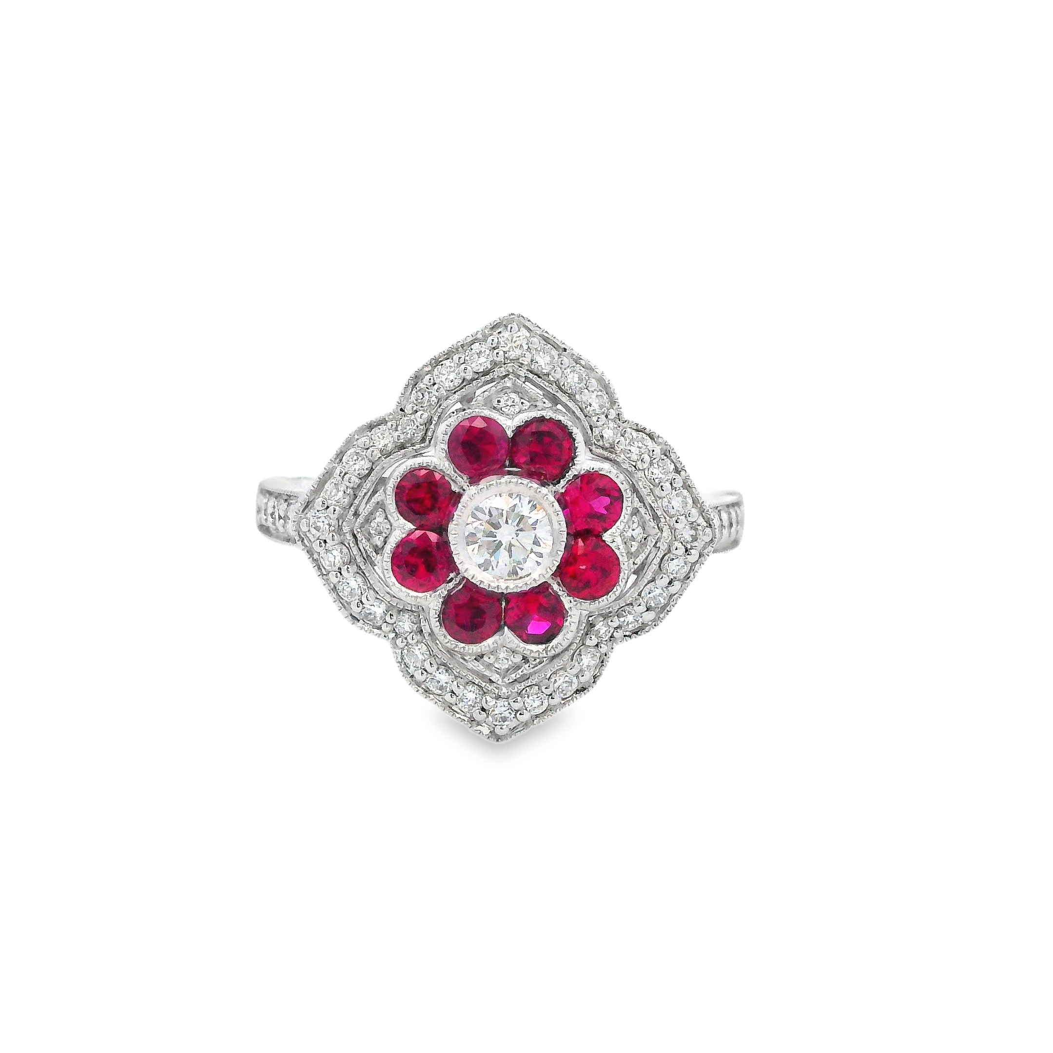 18K White Gold Ruby and Diamond Flower Ring