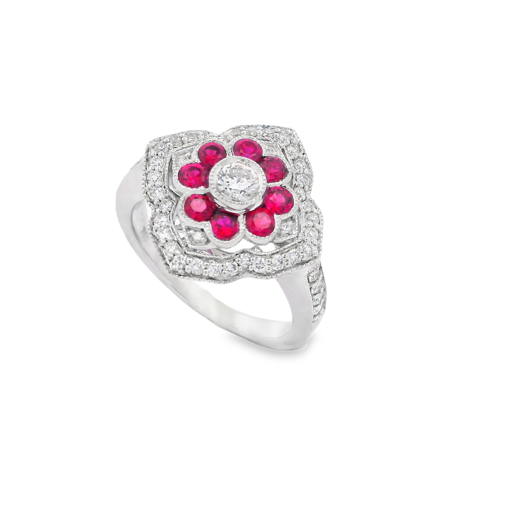 18K White Gold Ruby and Diamond Flower Ring
