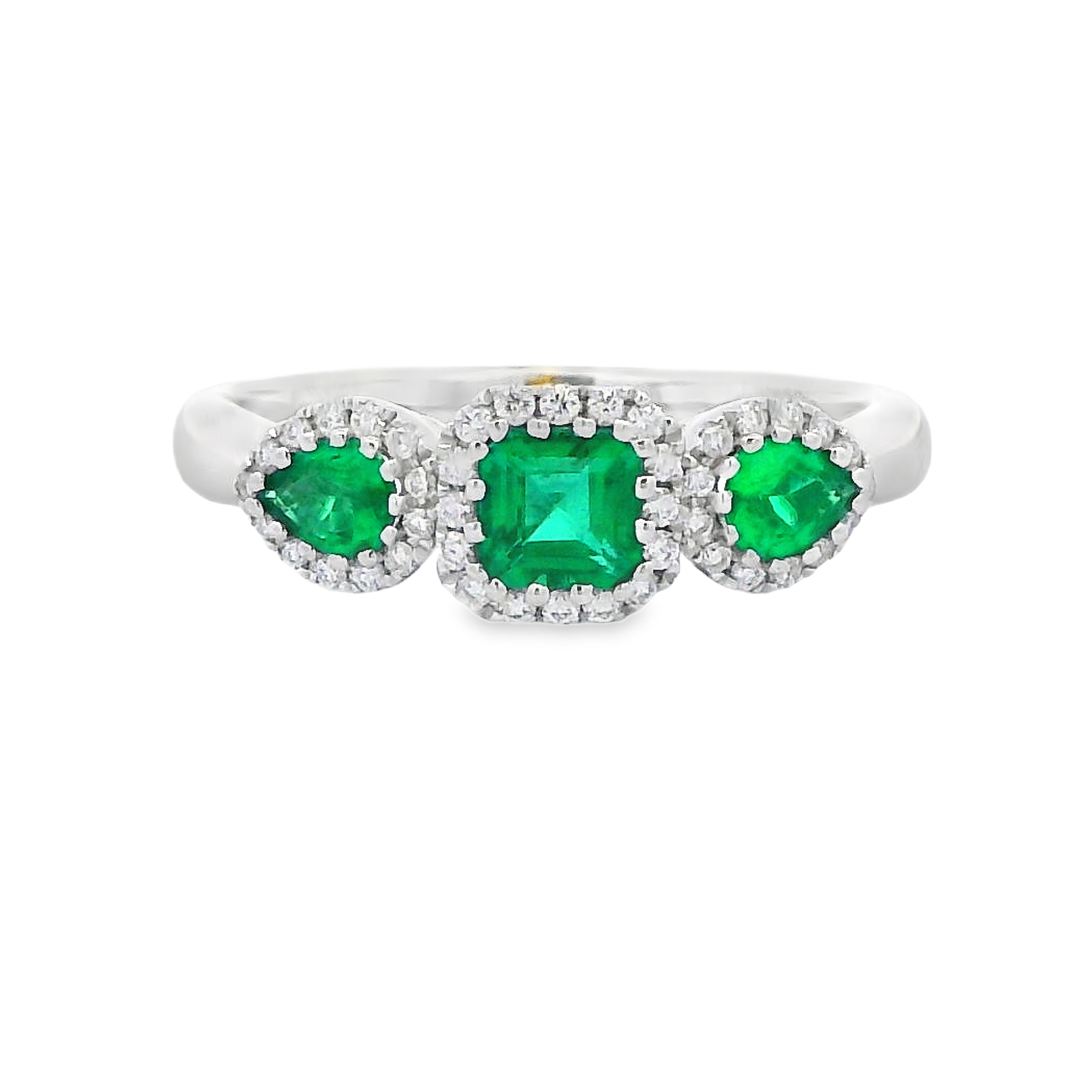 18K White Gold 3-Stone Emerald and Diamond Ring
