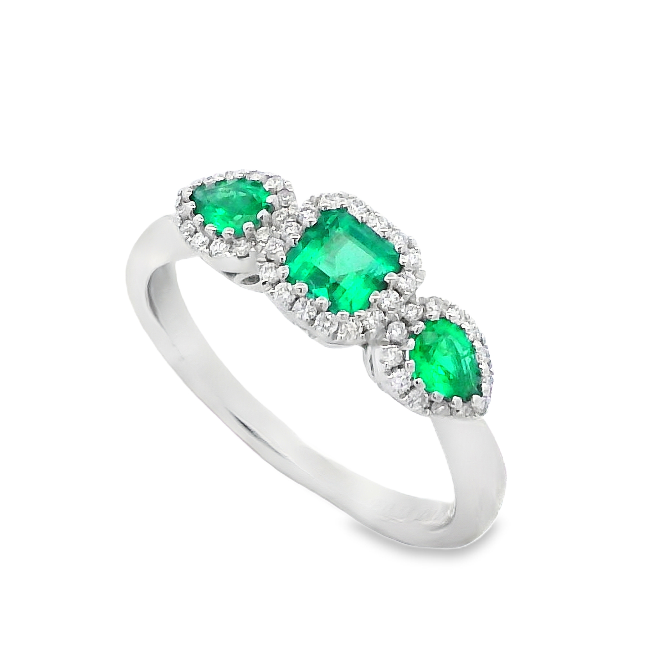 18K White Gold 3-Stone Emerald and Diamond Ring