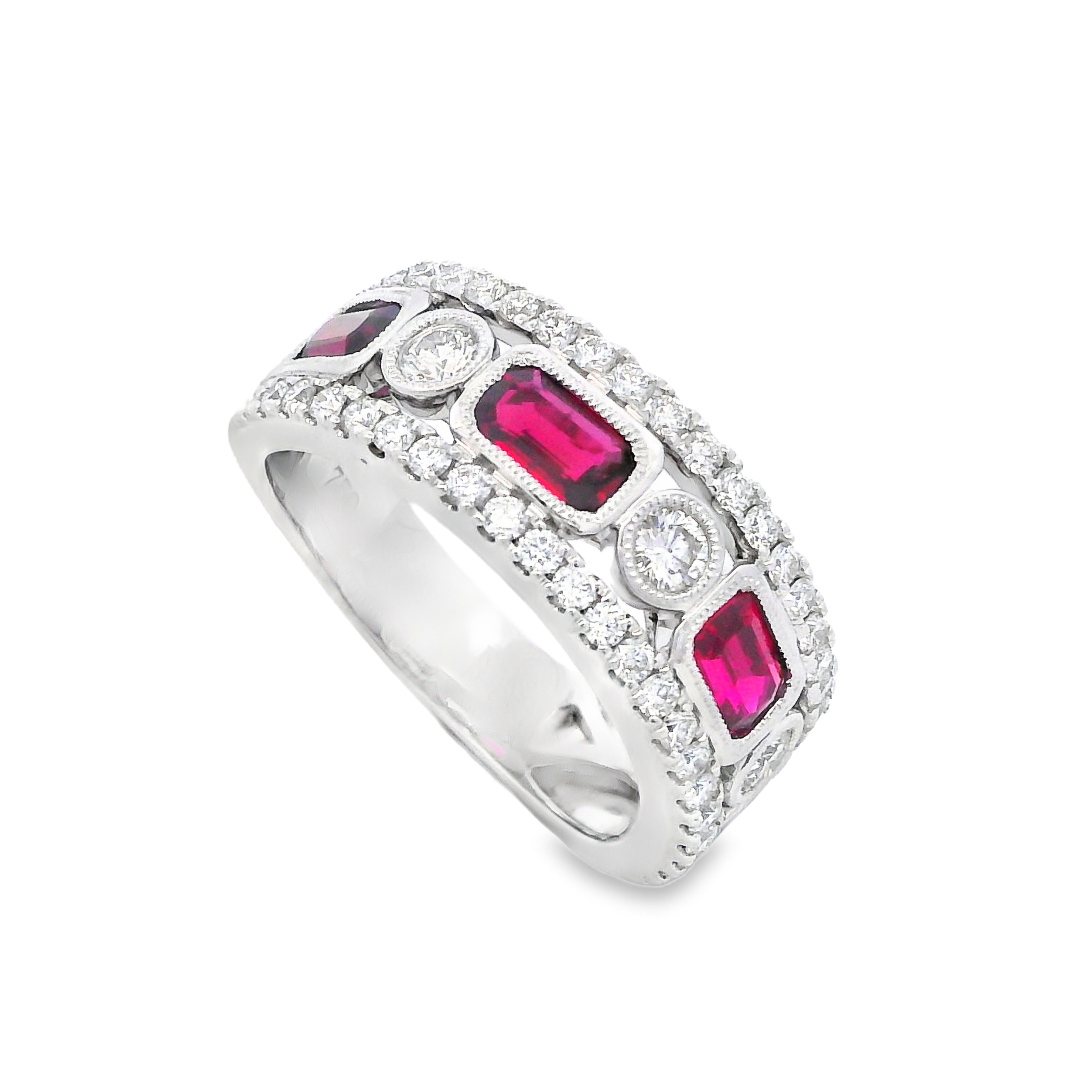 18K White Gold Ruby & Diamond Wide Ring