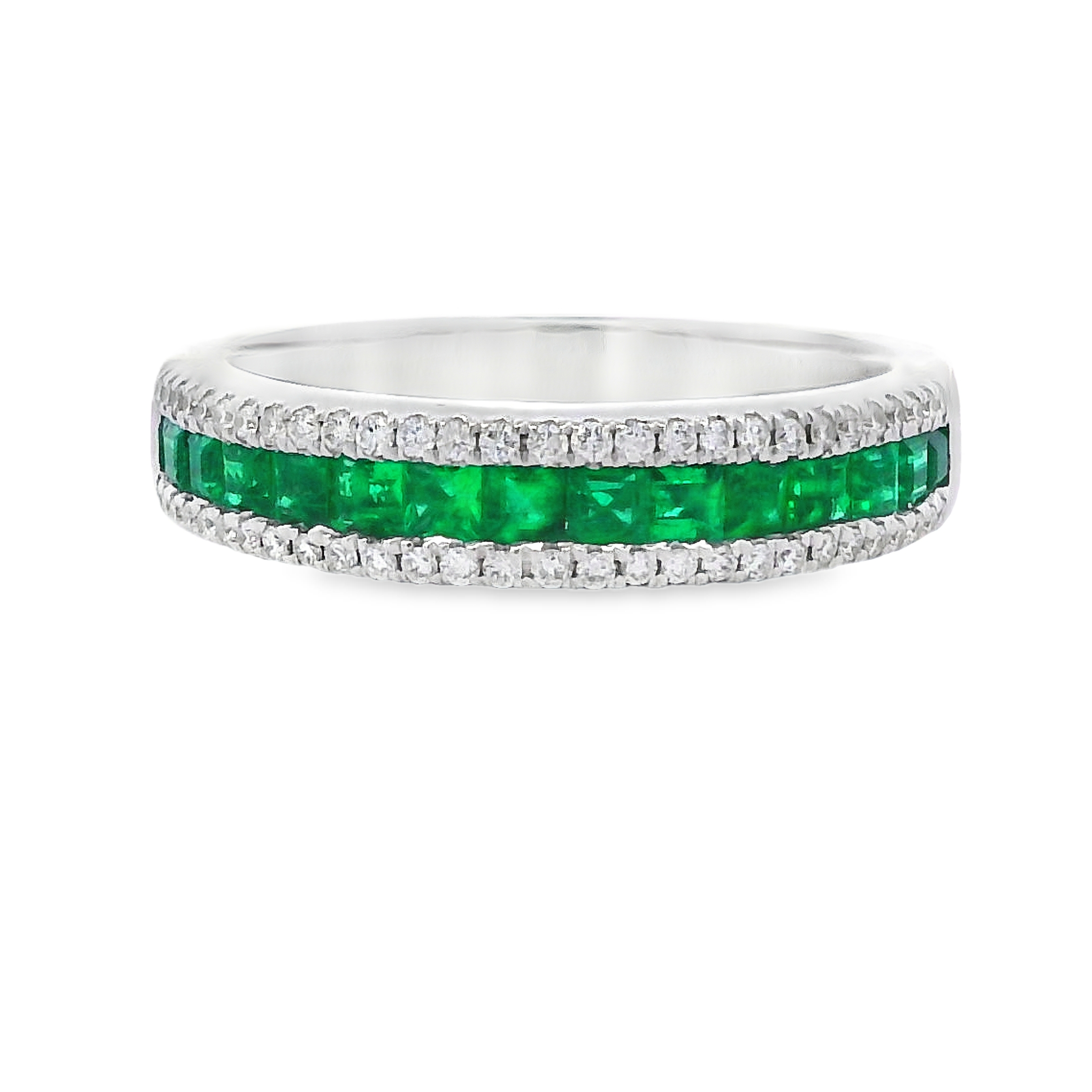 18K White Gold Emerald and Diamond Rows Ring