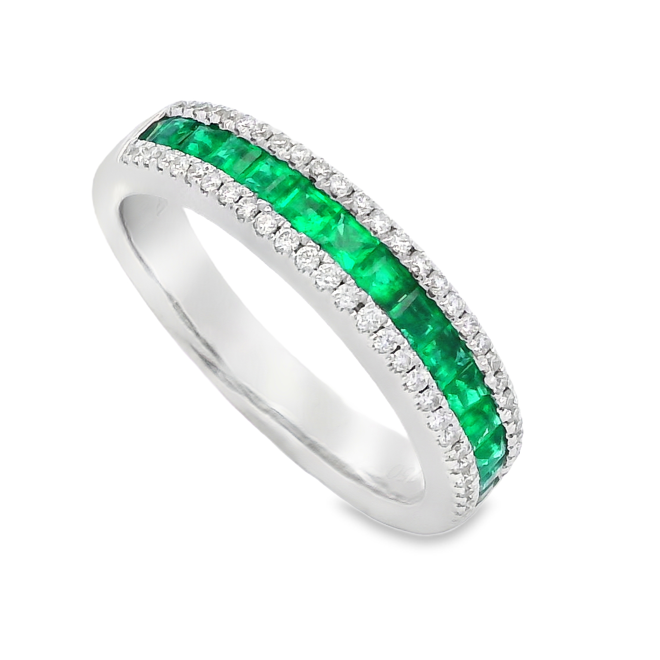 18K White Gold Emerald and Diamond Rows Ring