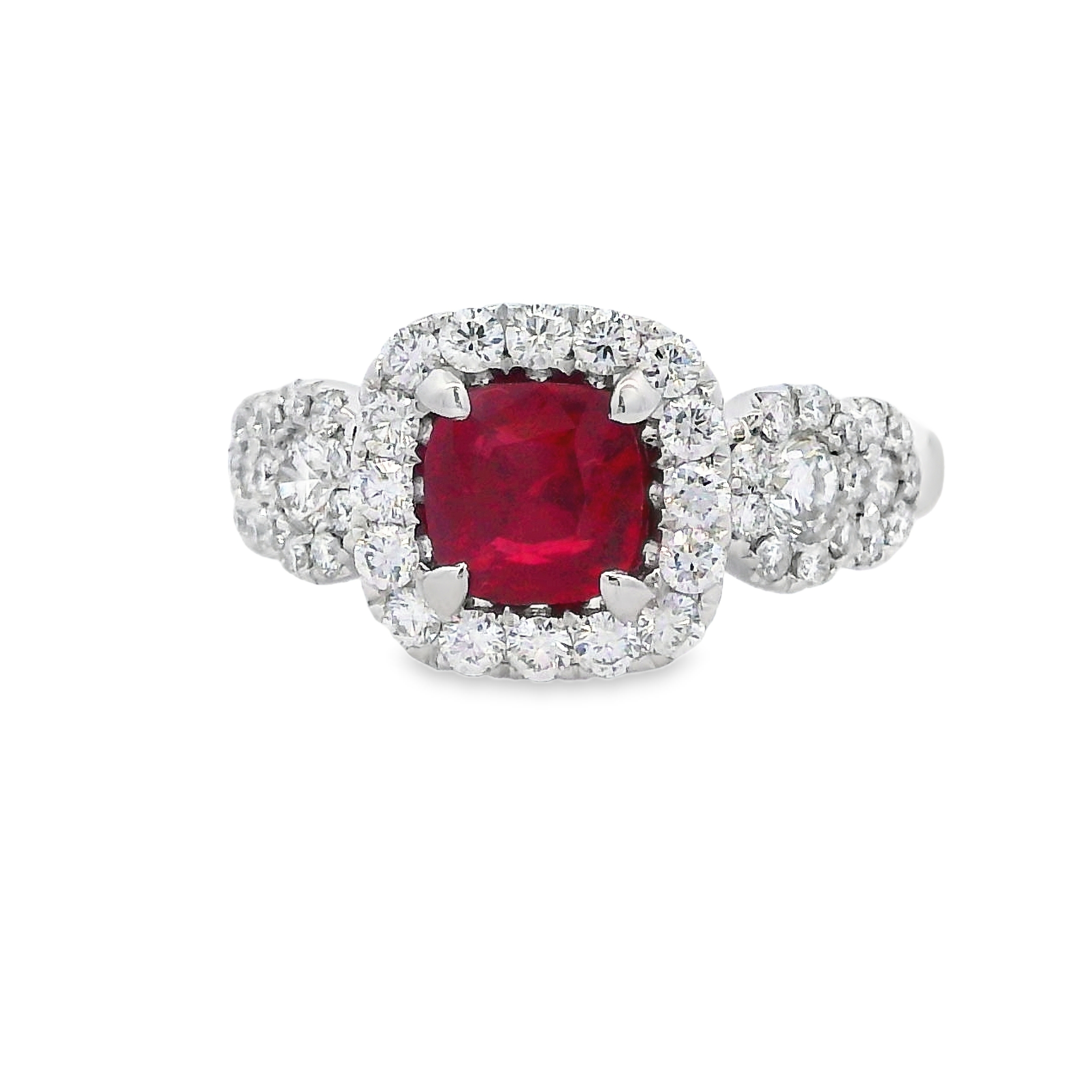18K White Gold Square Cushion Ruby and Diamond Ring