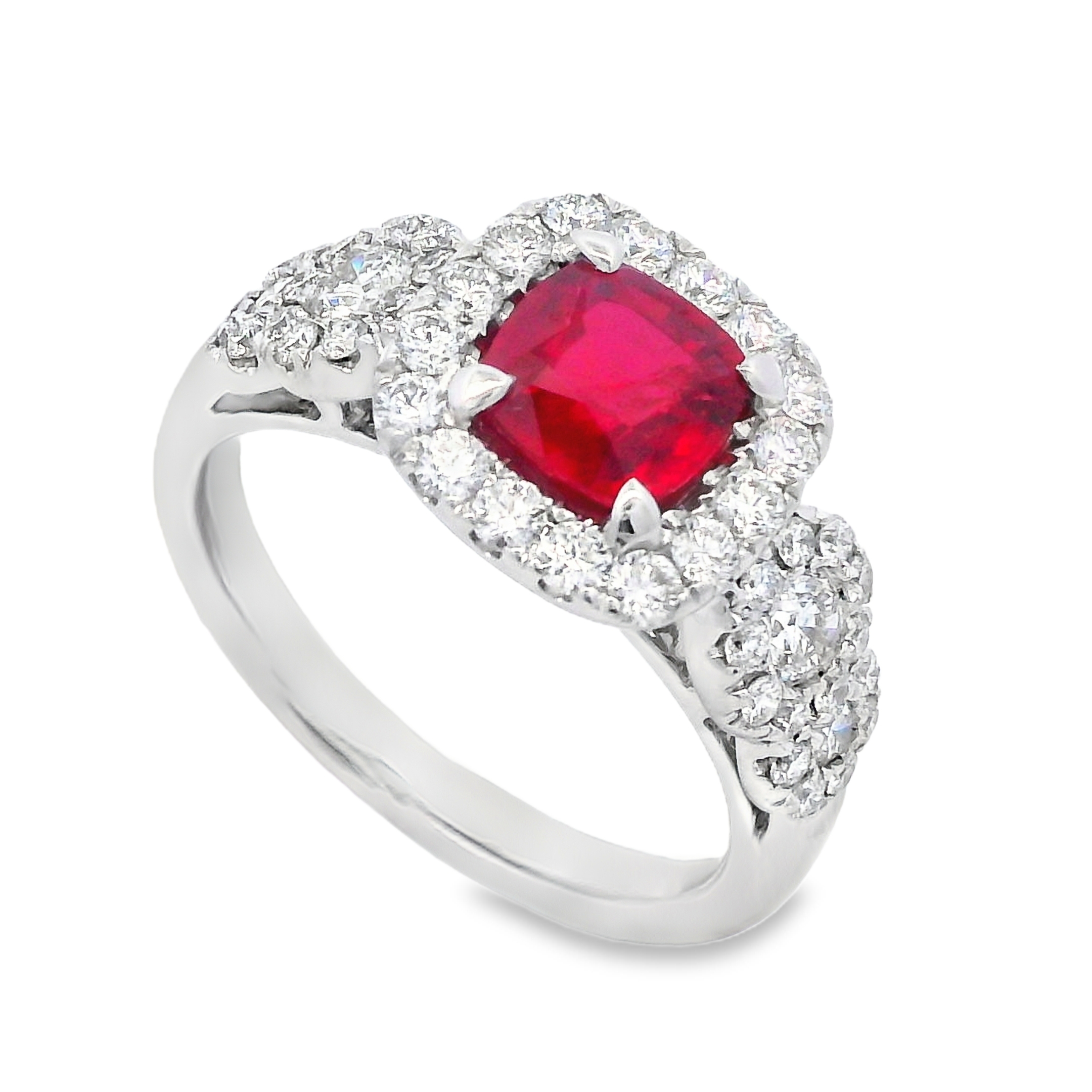 18K White Gold Square Cushion Ruby and Diamond Ring