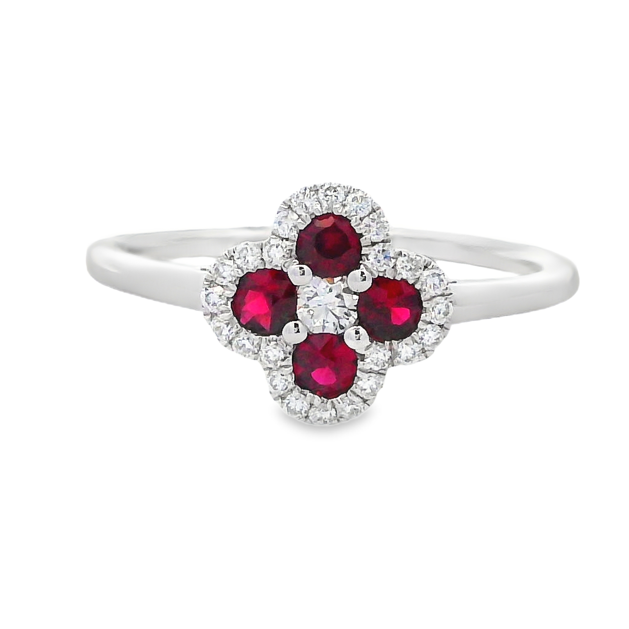 18K White Gold Ruby and Diamond Clover Ring