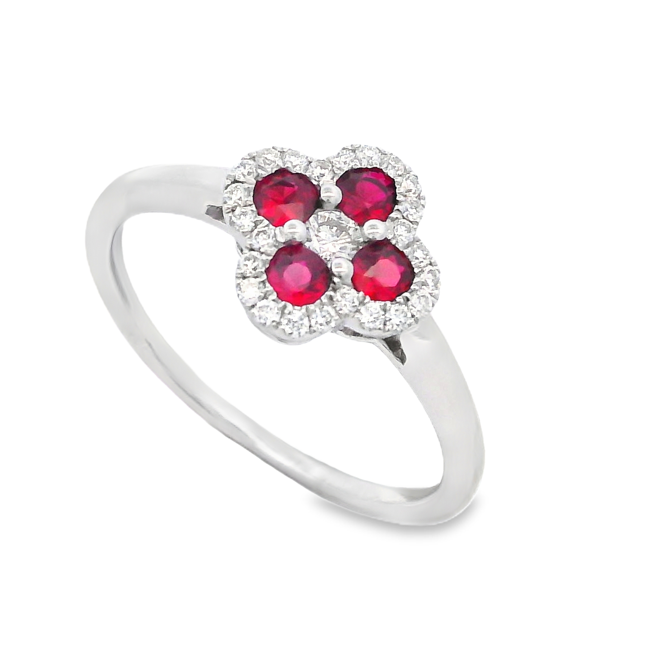 18K White Gold Ruby and Diamond Clover Ring