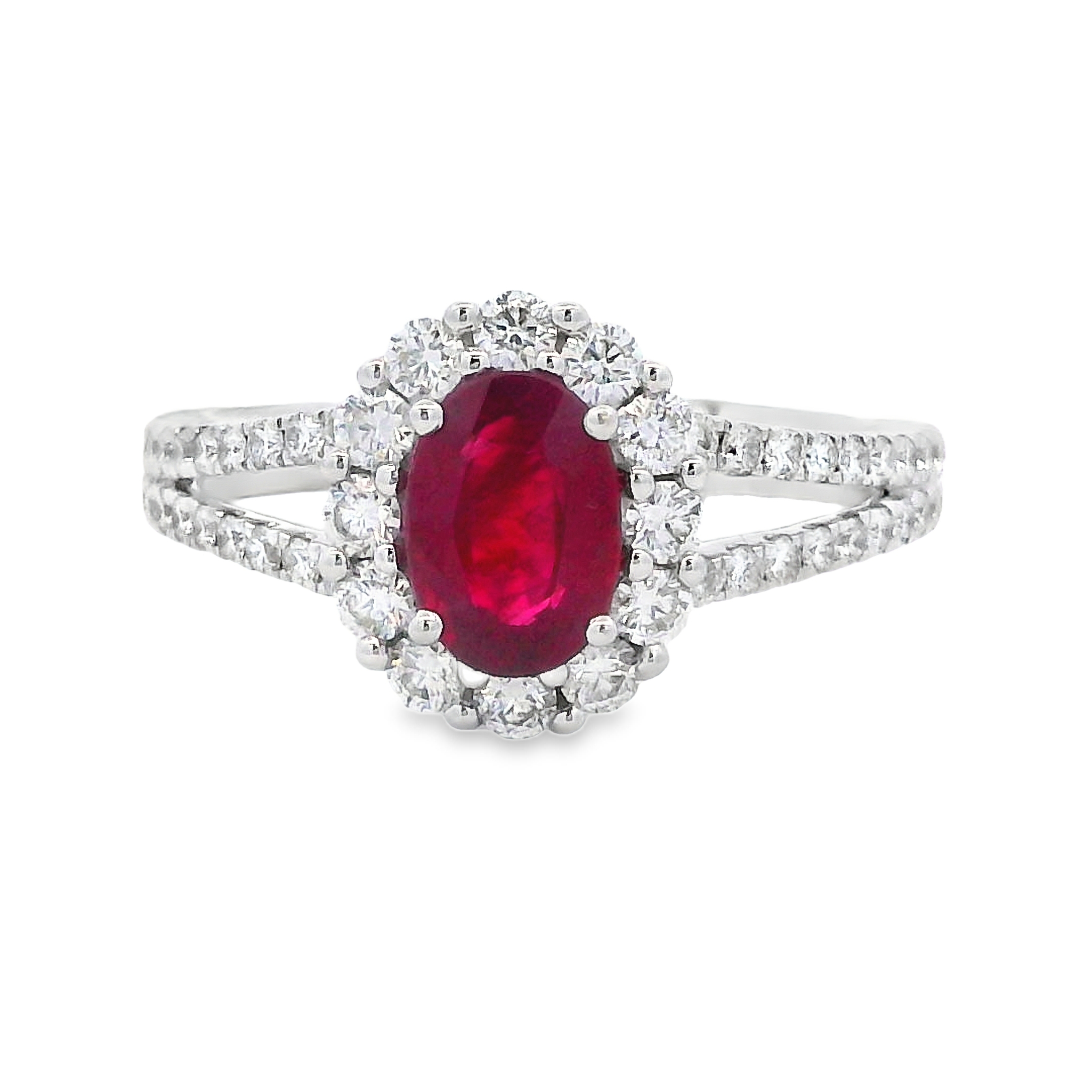 18K White Gold Ruby and Diamond Three-Stone Ring