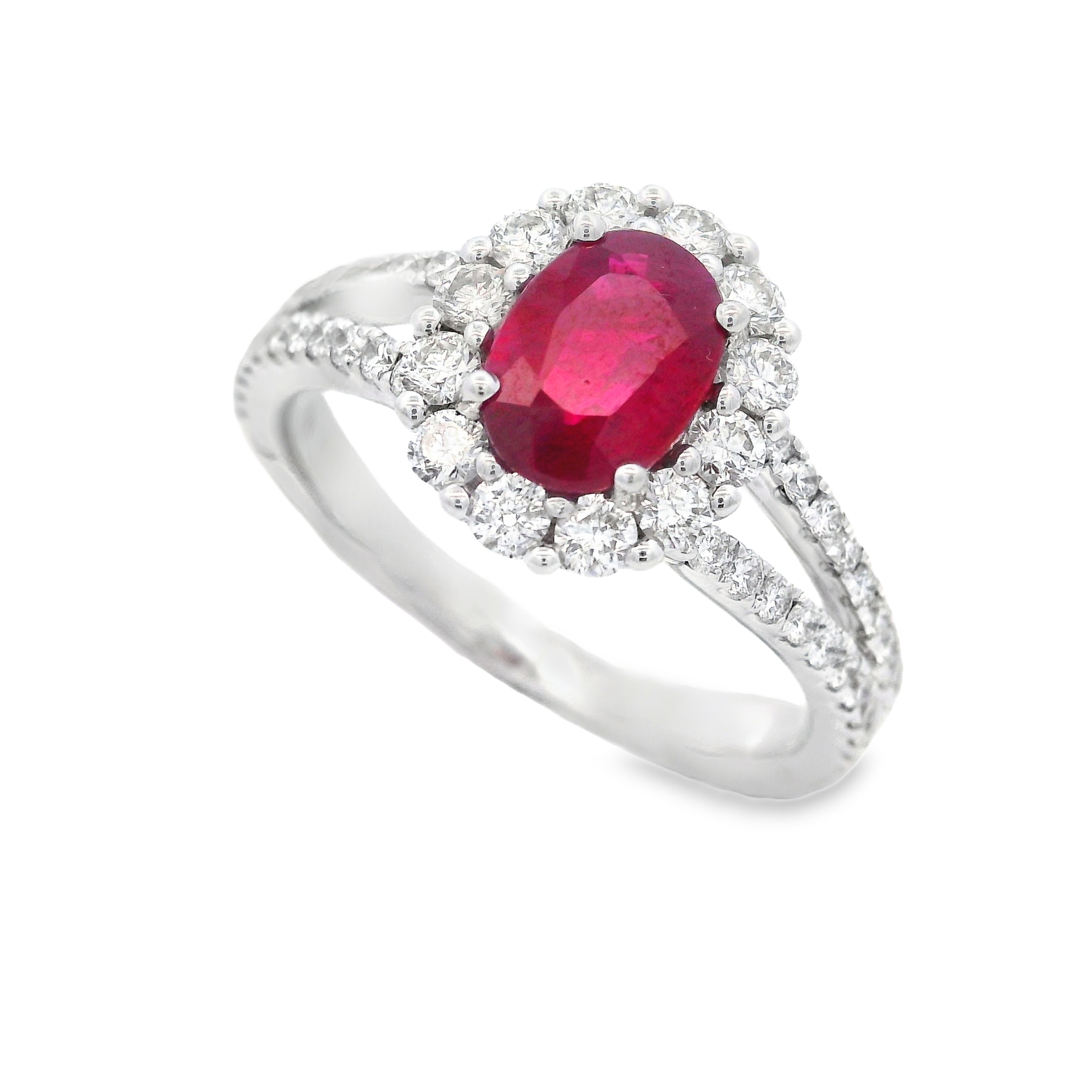 18K White Gold Ruby and Diamond Three-Stone Ring