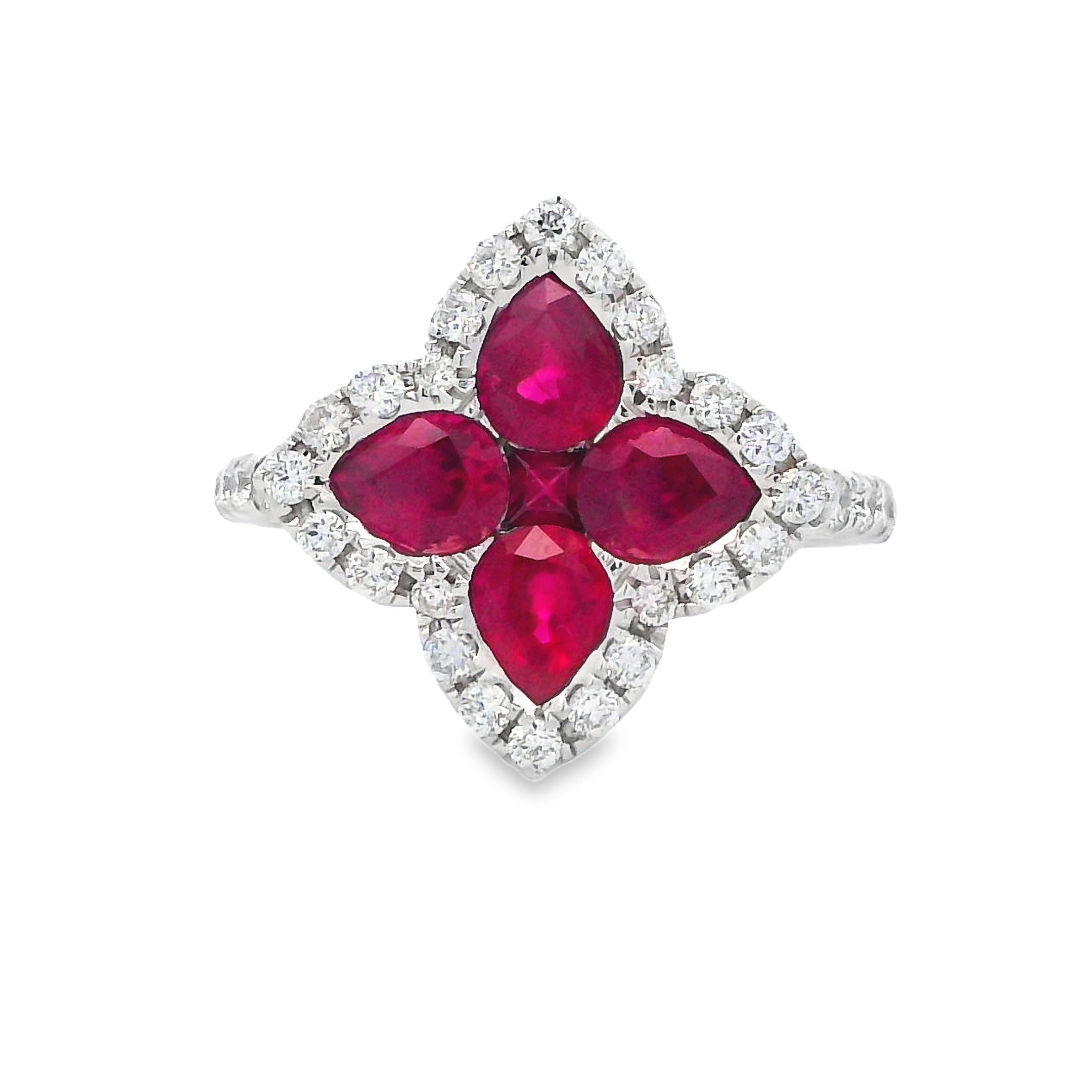 18K White Gold Ruby and Diamond Pointed Flower Ring