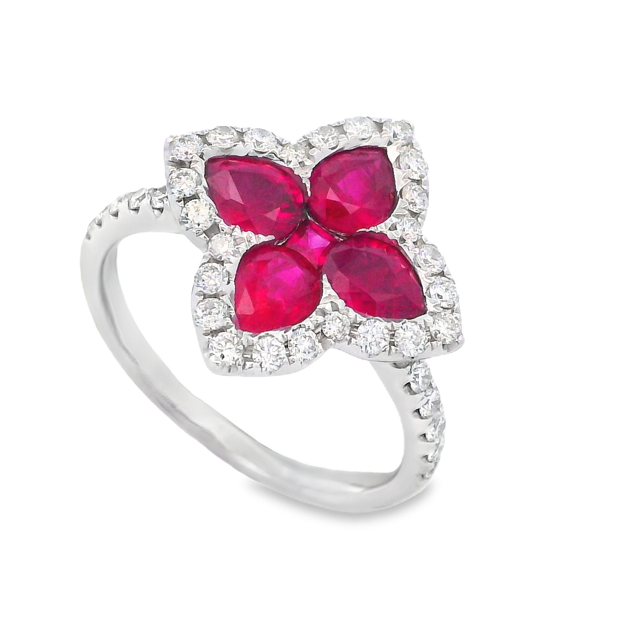 18K White Gold Ruby and Diamond Pointed Flower Ring