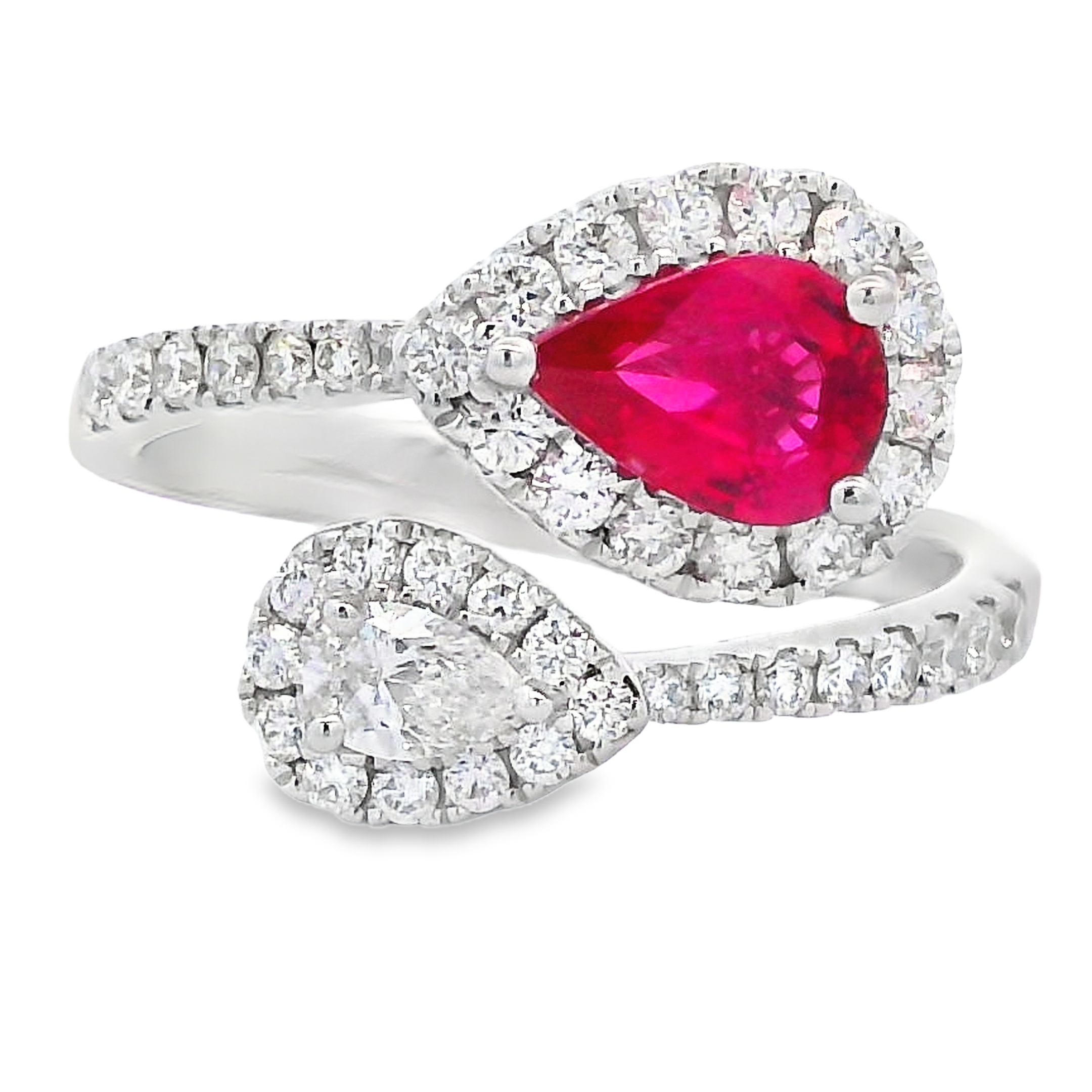 18K White Gold Pear Ruby & Diamond Bypass Ring