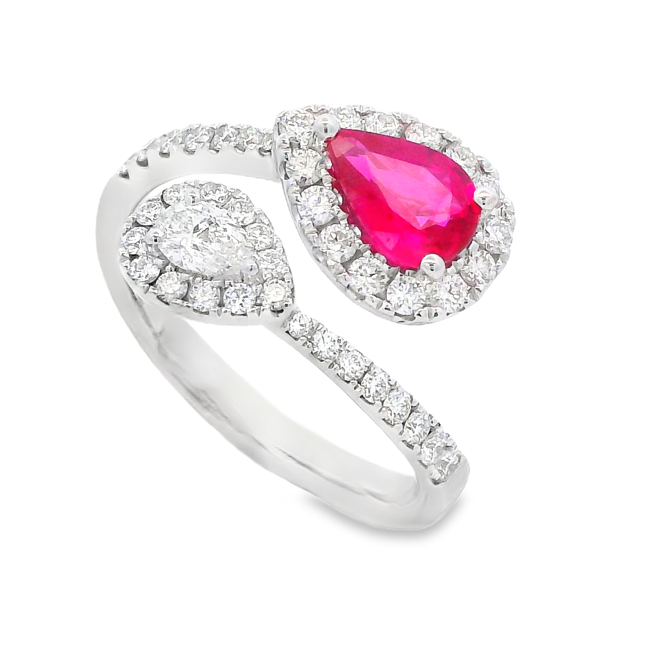 18K White Gold Pear Ruby & Diamond Bypass Ring