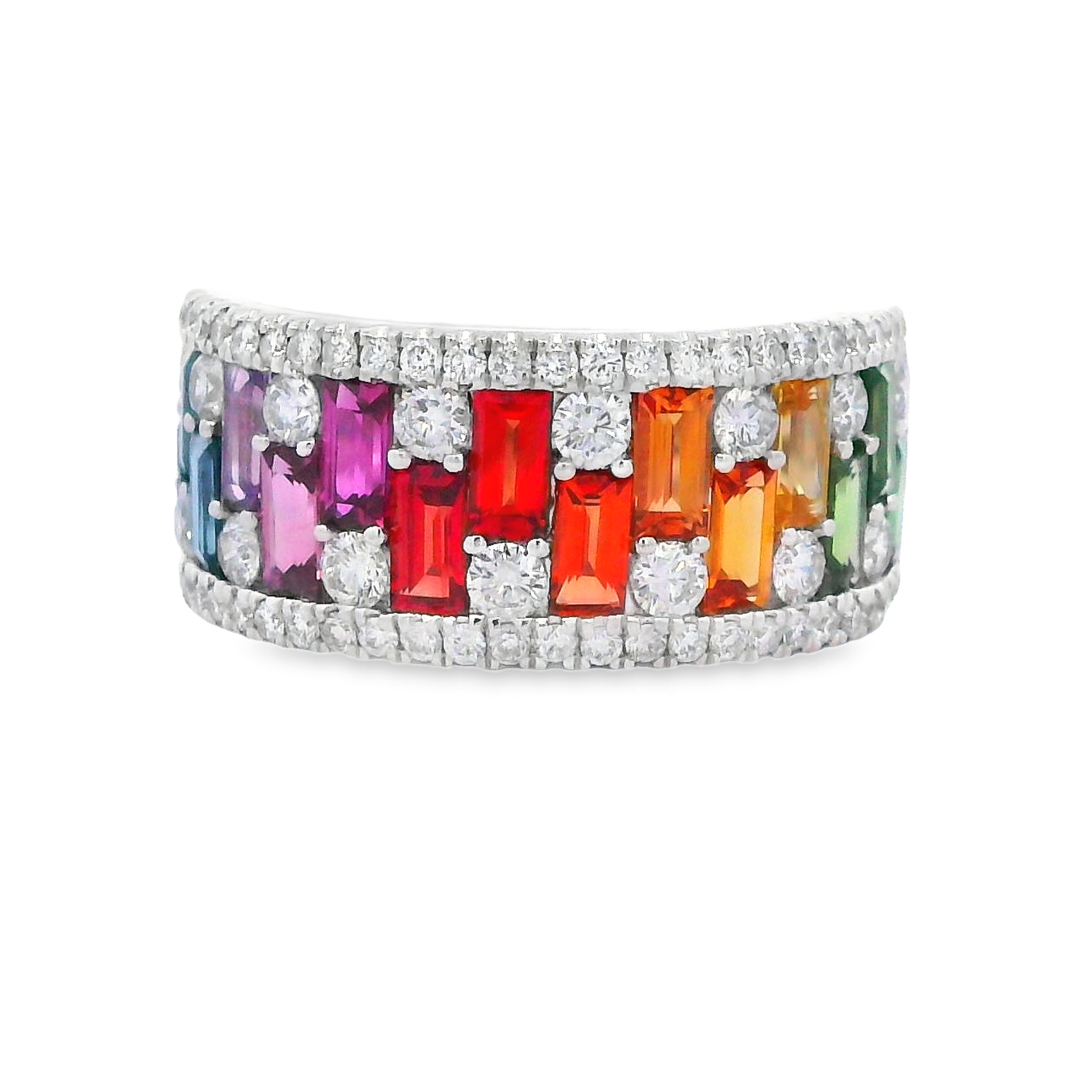 18K White Gold Rainbow Sapphire & Diamond Wide Band