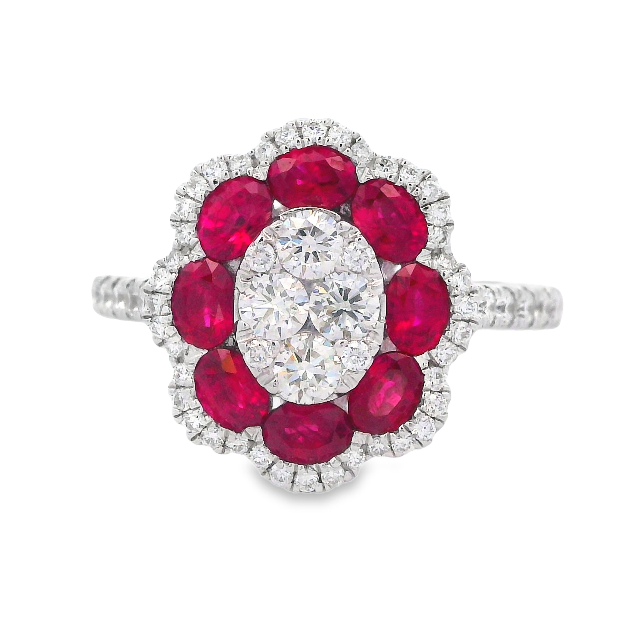 18K White Gold Ruby and Diamond Oval Flower Ring