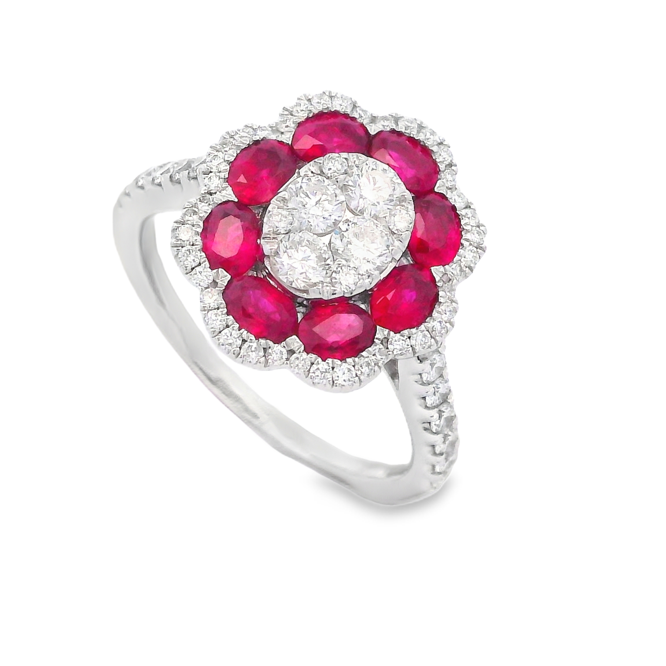 18K White Gold Ruby and Diamond Oval Flower Ring