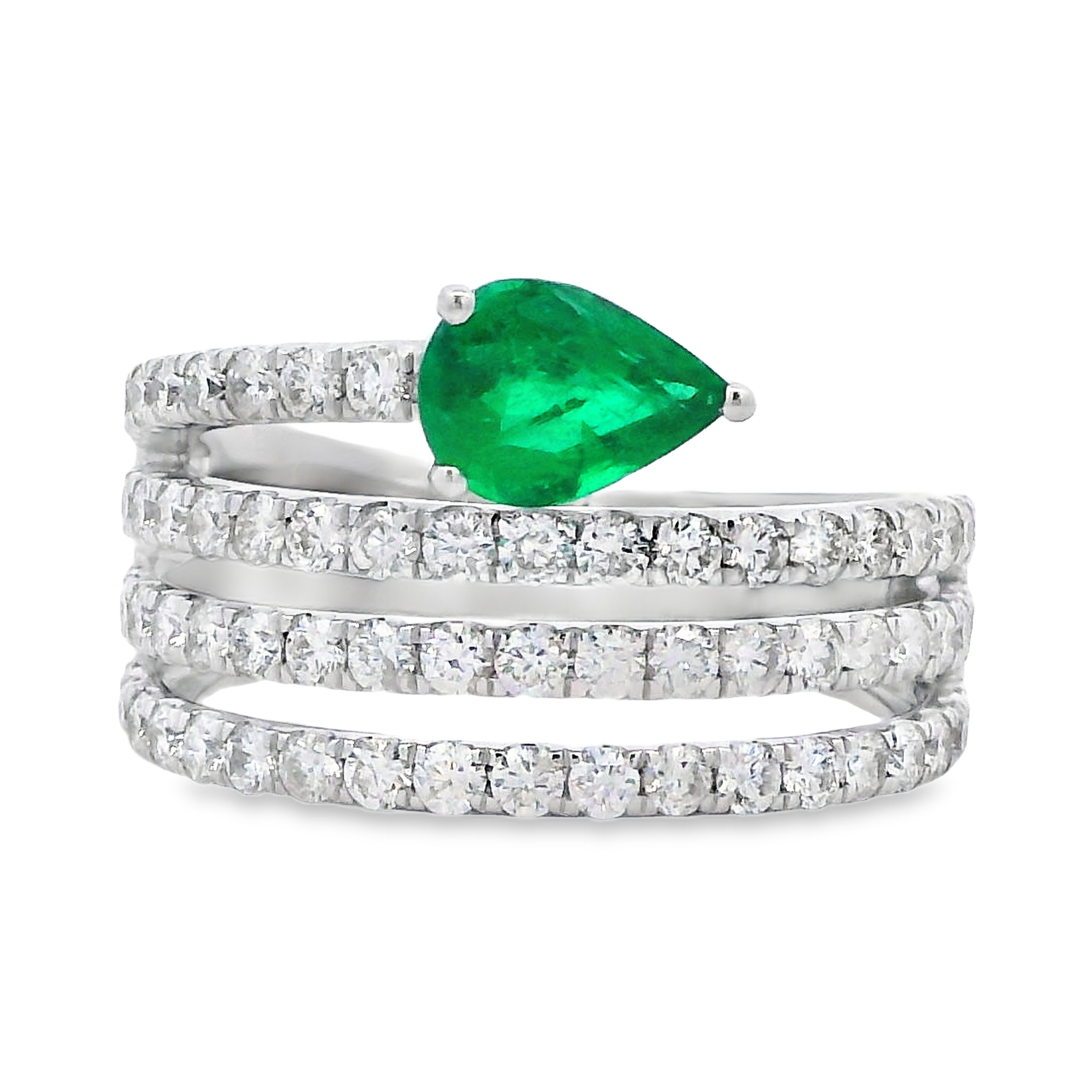 18K White Gold Emerald and Diamond Wide Ring