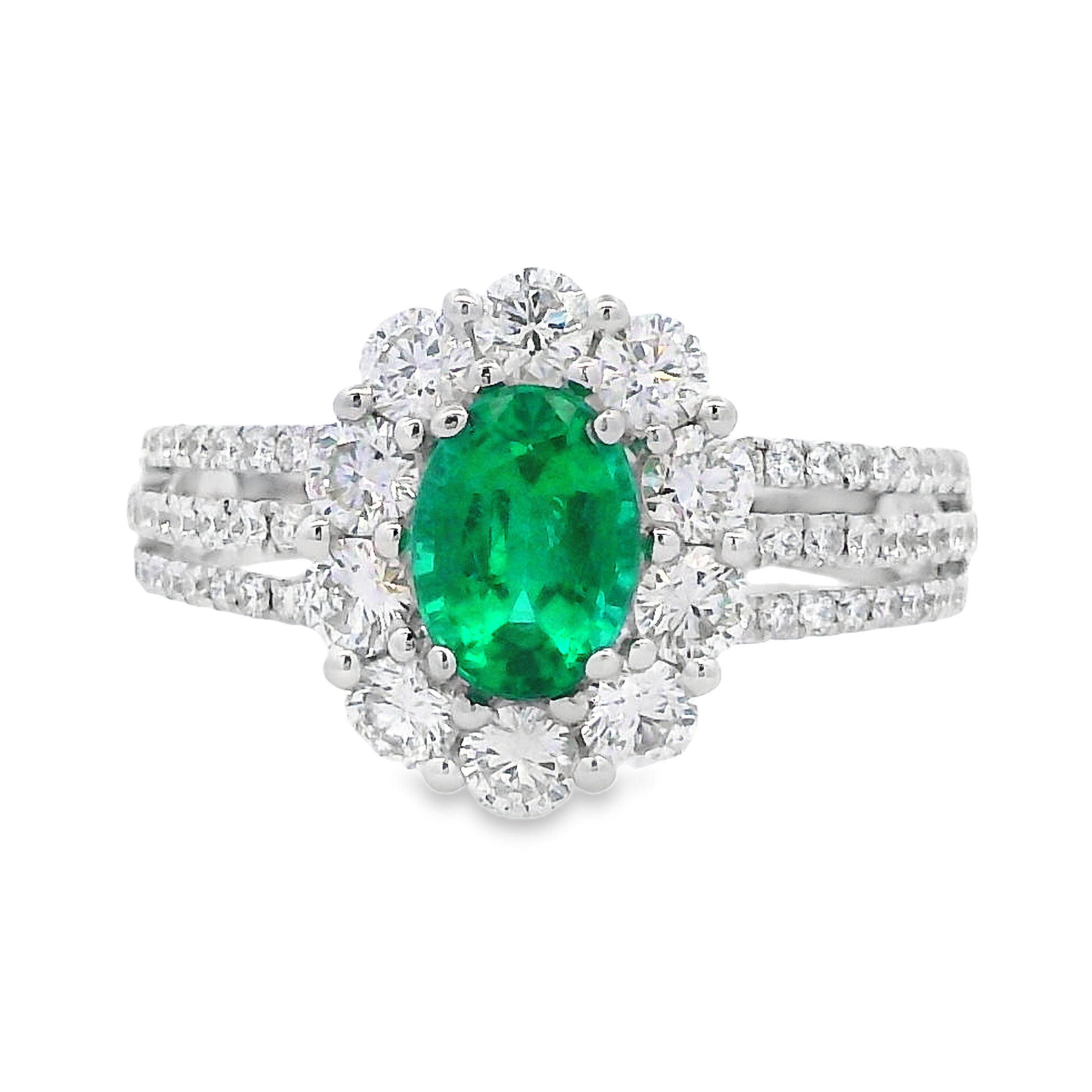 18K White Gold Emerald and Diamond Halo Ring