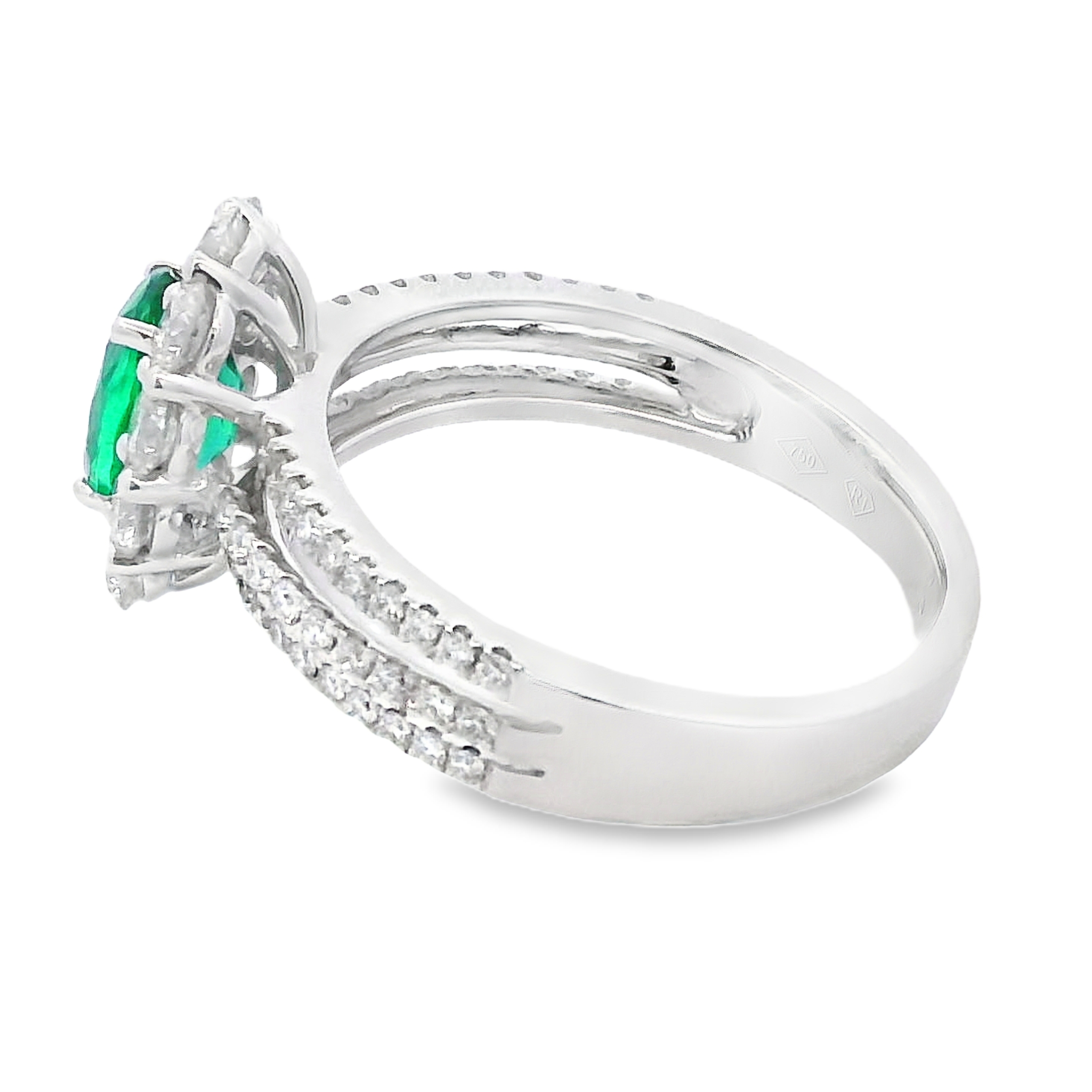 18K White Gold Emerald and Diamond Halo Ring