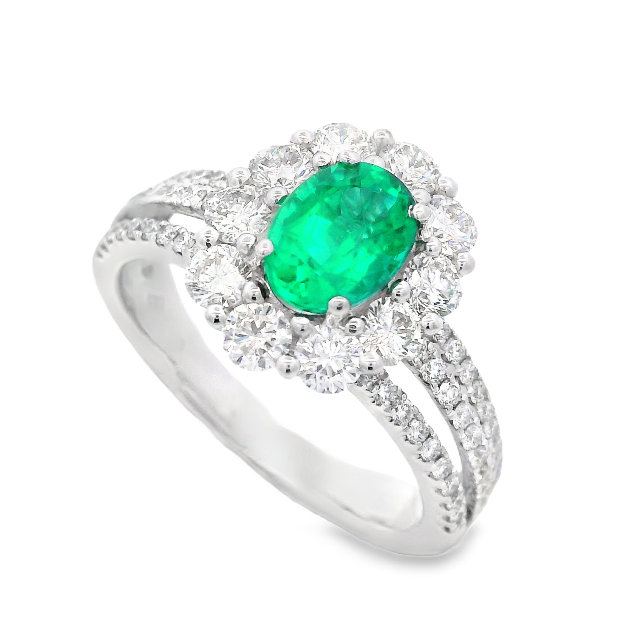 18K White Gold Emerald and Diamond Halo Ring