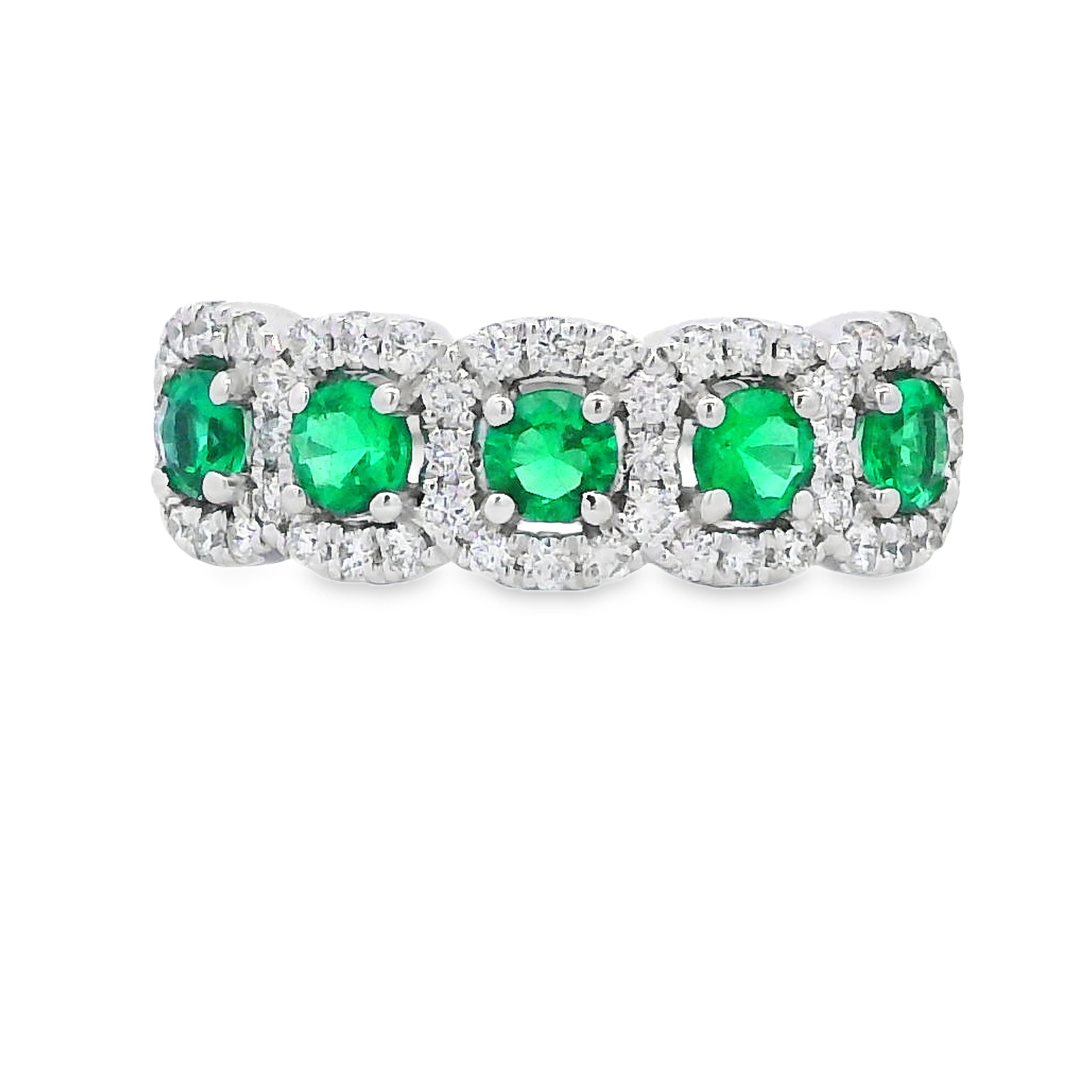 18K White Gold Emerald and Diamond 5-Stone Halos Ring